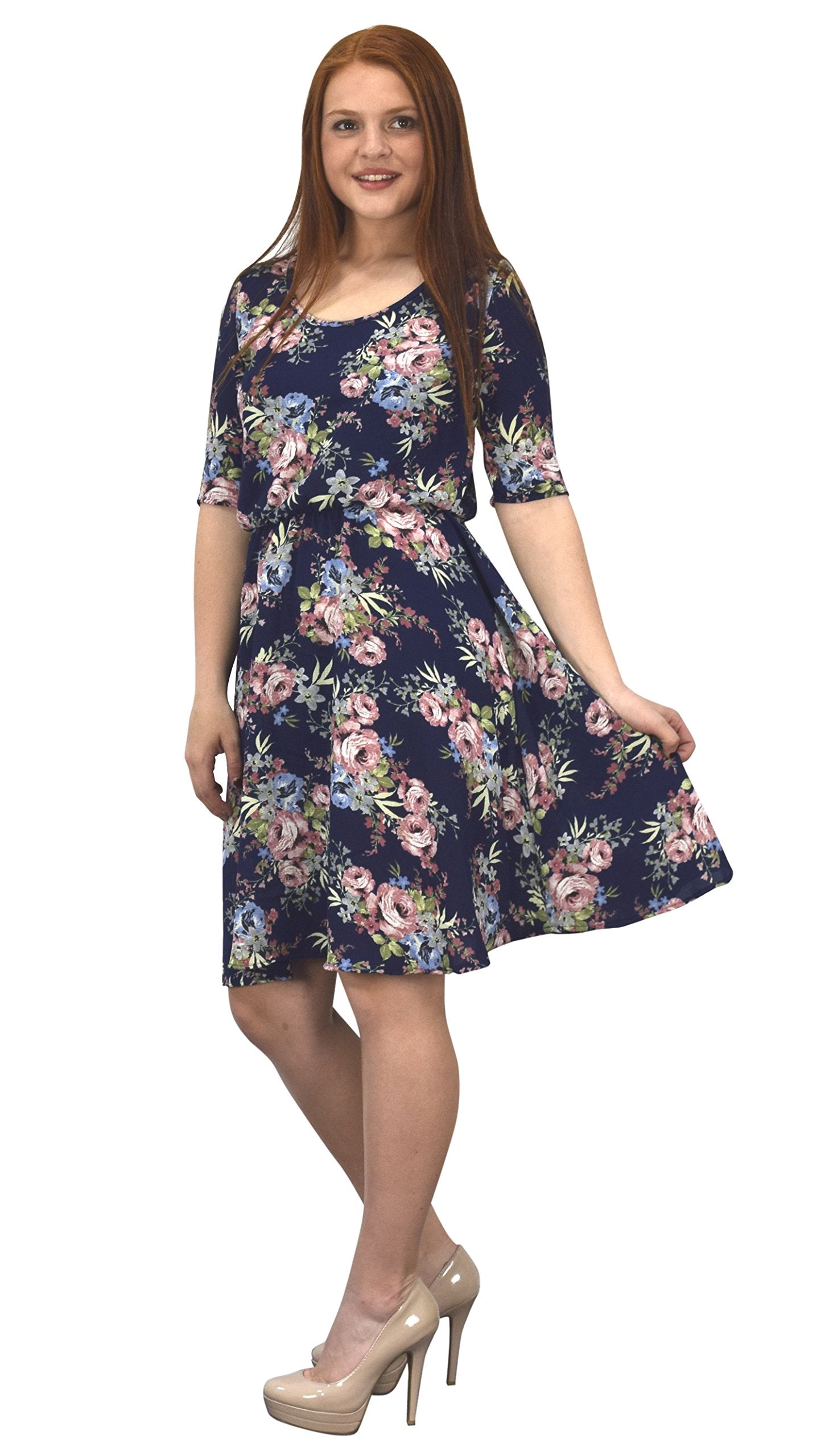 Women's Half Sleeve Rose Floral Print Princess Seam Skater Dress - Elegant A-Line Party Dress for Casual Outings, Date Nights & Special Occasions