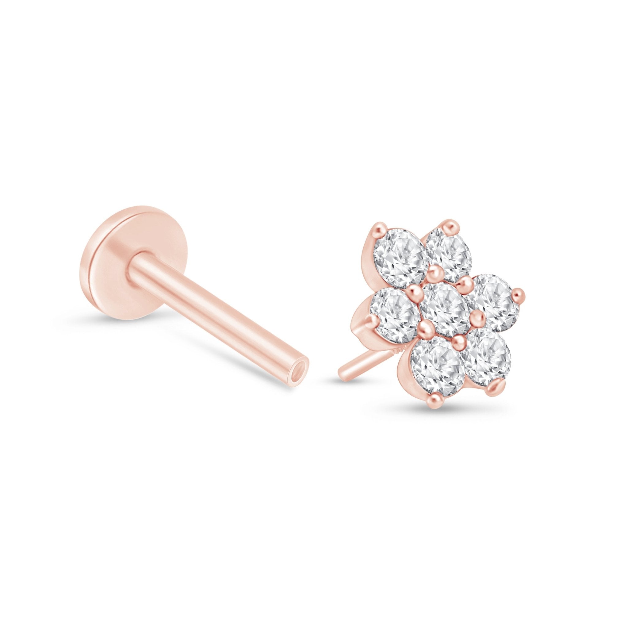 14k Rose Gold Seven Diamond Flower Stud Earrings - Dainty Floral Flat Back Earrings for Women, Perfect for Weddings, Parties & Everyday Elegance