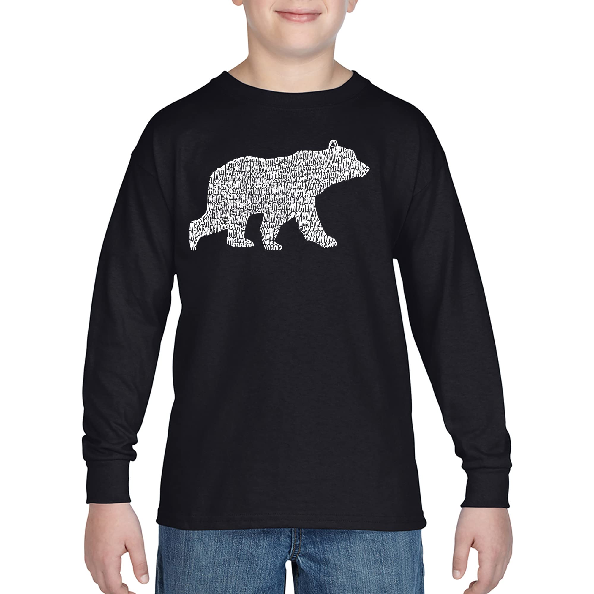 LA POP ART Boys Word Art Long Sleeve T-Shirt - Mama Bear Design | Comfortable Cotton Tee for Kids | Perfect for School, Family Outings & Casual Wear