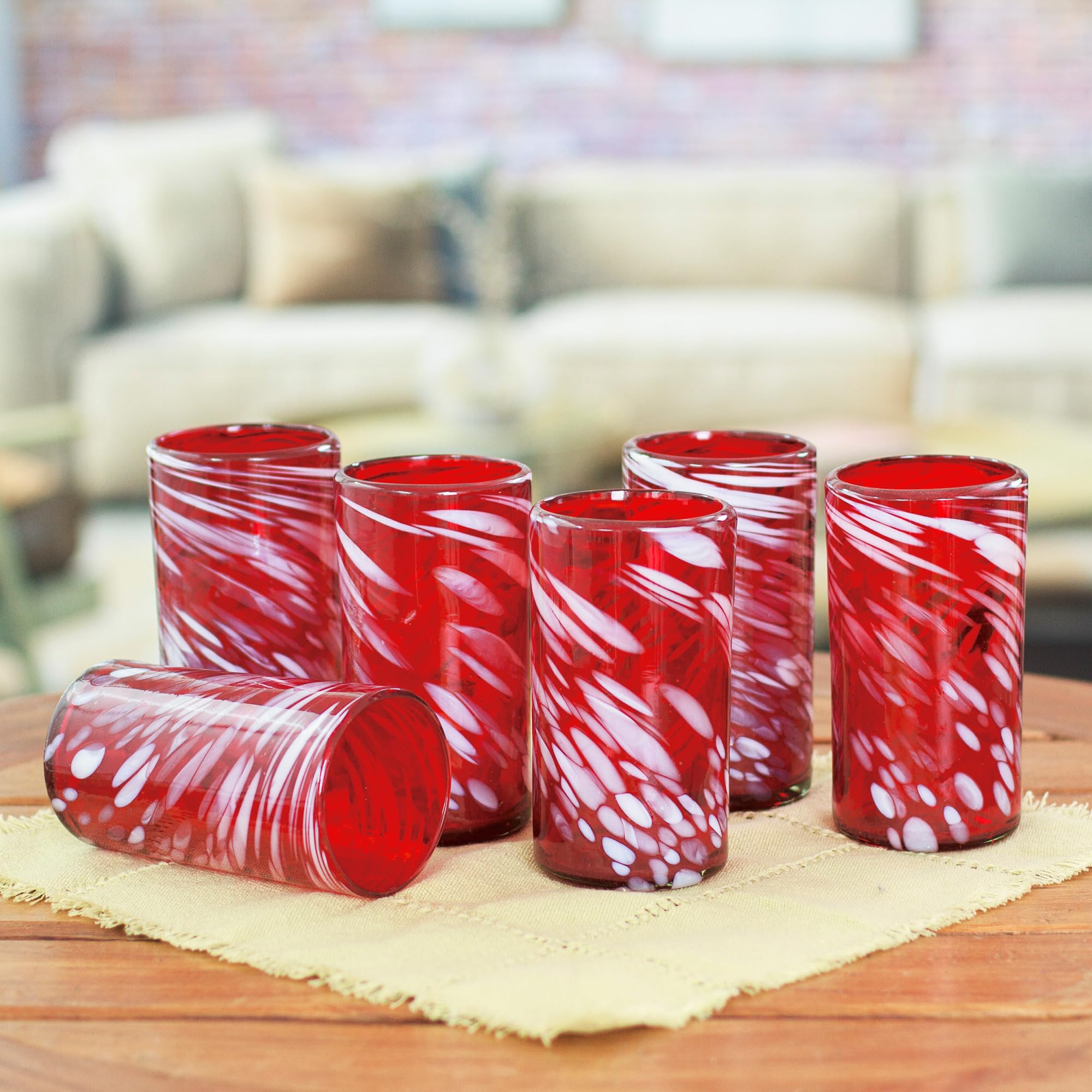 NOVICA Hand Blown Glass Tumblers Set of 6 - 16oz Eco-Friendly Red Drinking Cups, Perfect for Parties, Weddings & Home Decor | Festive Red Glassware for Cocktails, Juice & Iced Coffee
