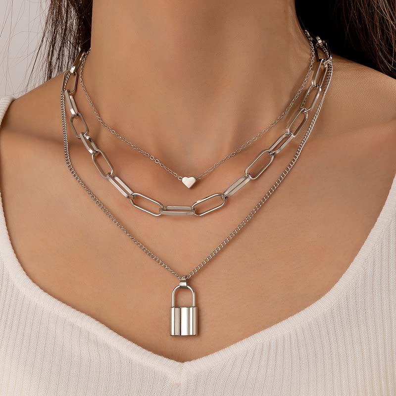 ONLYJUMP Stacked Lock Necklaces for Women - Black Lock Chains Heart Grunge Layered Necklace, Chunky Stylish Minimalist Pendant Jewelry for Casual Wear, Date Night & Gift Giving