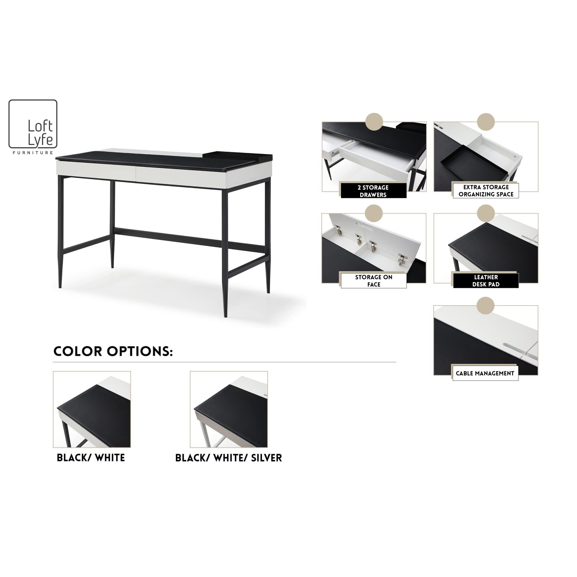 Aubrielle Modern Writing Desk with 2 Drawers & Leather Desk Pad - Black/Grey Home Office Desk with Storage | Perfect for Small Spaces, Remote Work & Study