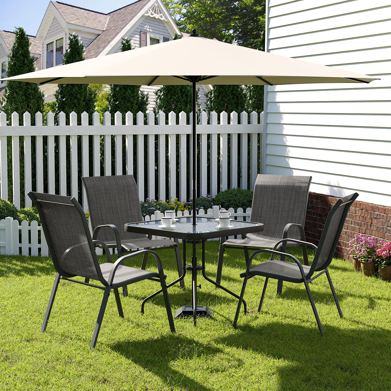 Amopatio 5-Piece Outdoor Dining Set with Textured Glass Tabletop & 4 Stackable Chairs - Patio, Balcony, Porch, Lawn Furniture - Dark Grey | Perfect for Backyard BBQs, Garden Parties & Outdoor Entertaining