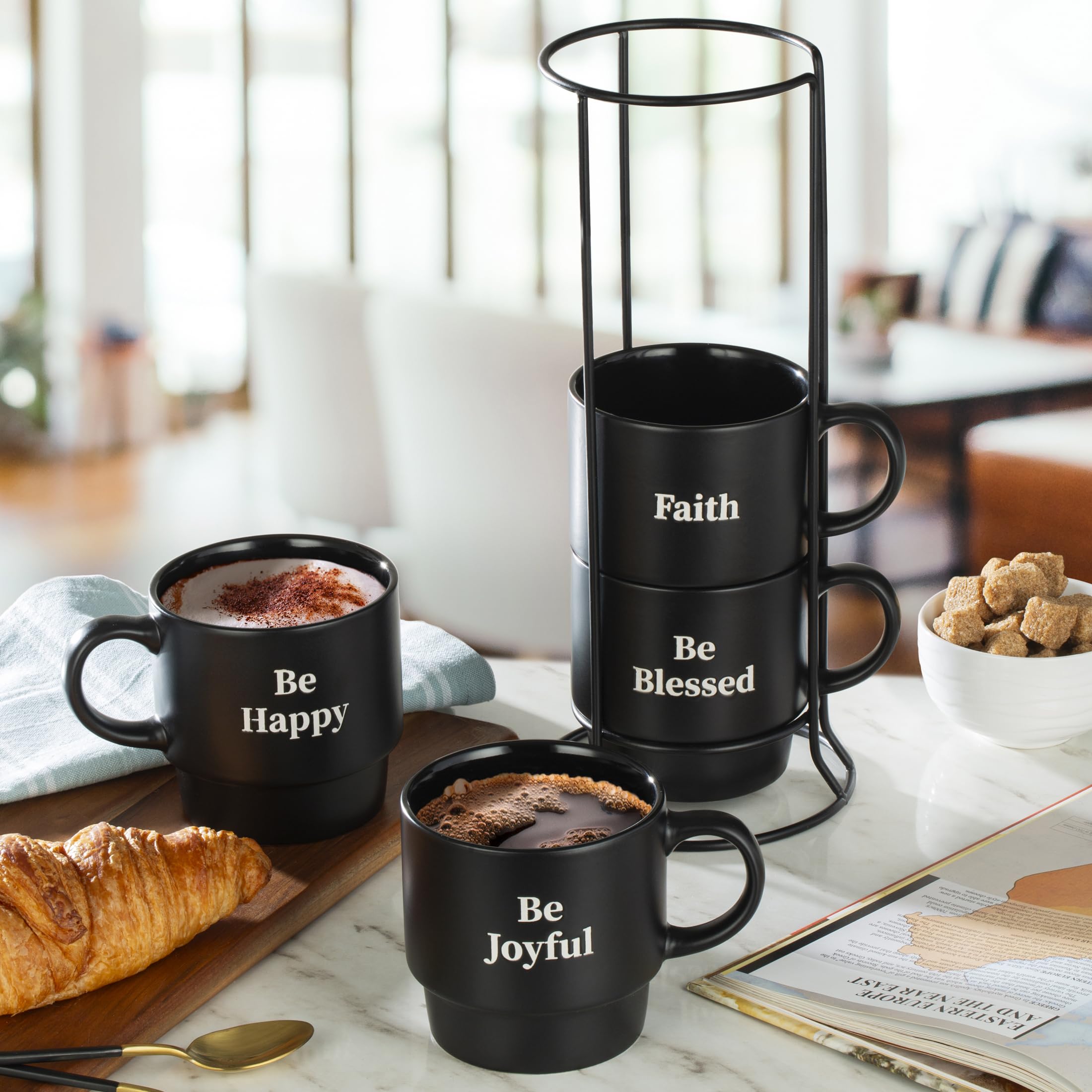 Happy Stackable Stoneware Coffee Mug Set - 4-Pack, 15oz for Coffee, Tea & Hot Drinks - Matte Black
