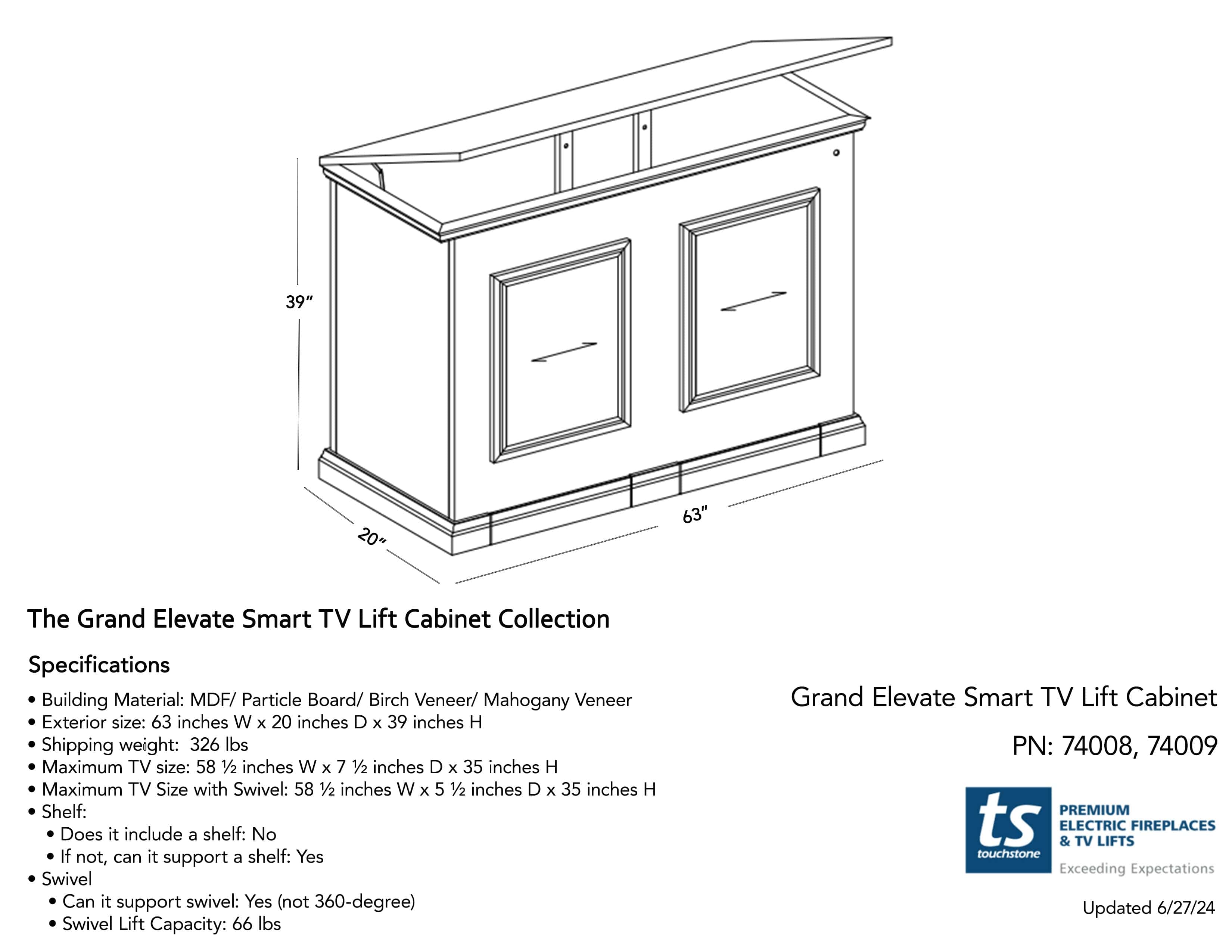 Grand Elevate 74009 Unfinished Smart TV Lift Cabinet for 65 Inch Flat Screen TVs - Modern TV Stand with Motorized Lift Mechanism for Living Room, Bedroom & Home Theater