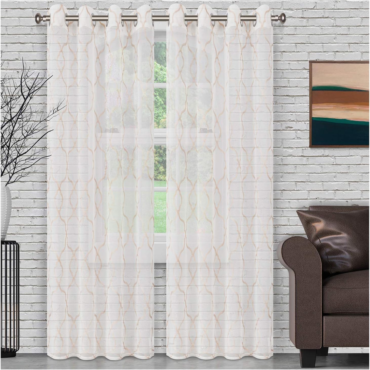 Embroidered Lattice Sheer Grommet Curtain Panel Set - Elegant Window Treatment for Living Room, Bedroom & Dining Room - Light Filtering Privacy Drapes with Decorative Lattice Design - Set of 2 Panels