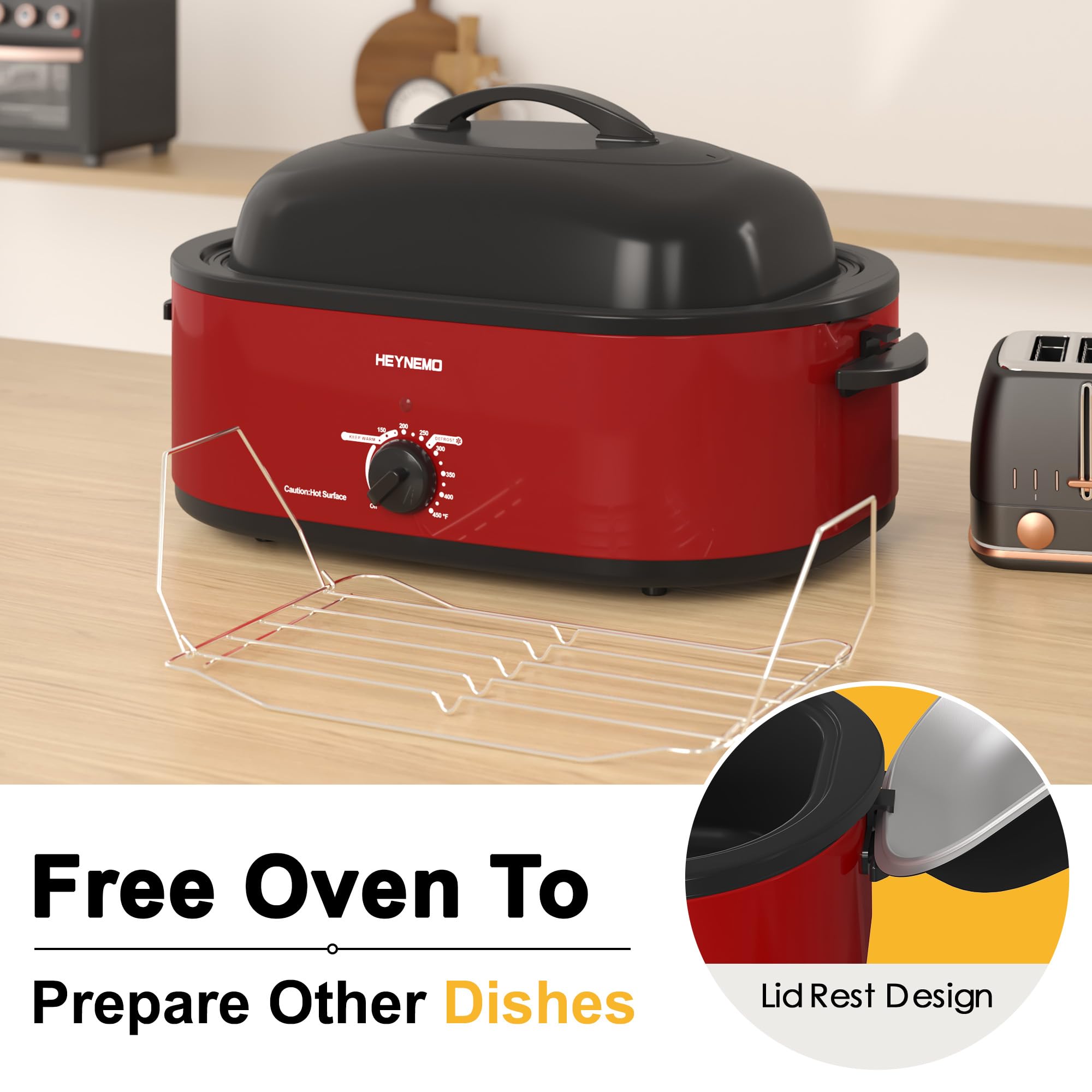 20 Quart Electric Roaster Oven with Self-Basting Lid, Turkey Roaster Oven with Removable Pan and Rack, Red – Perfect for Holiday Feasts and Large Family Gatherings