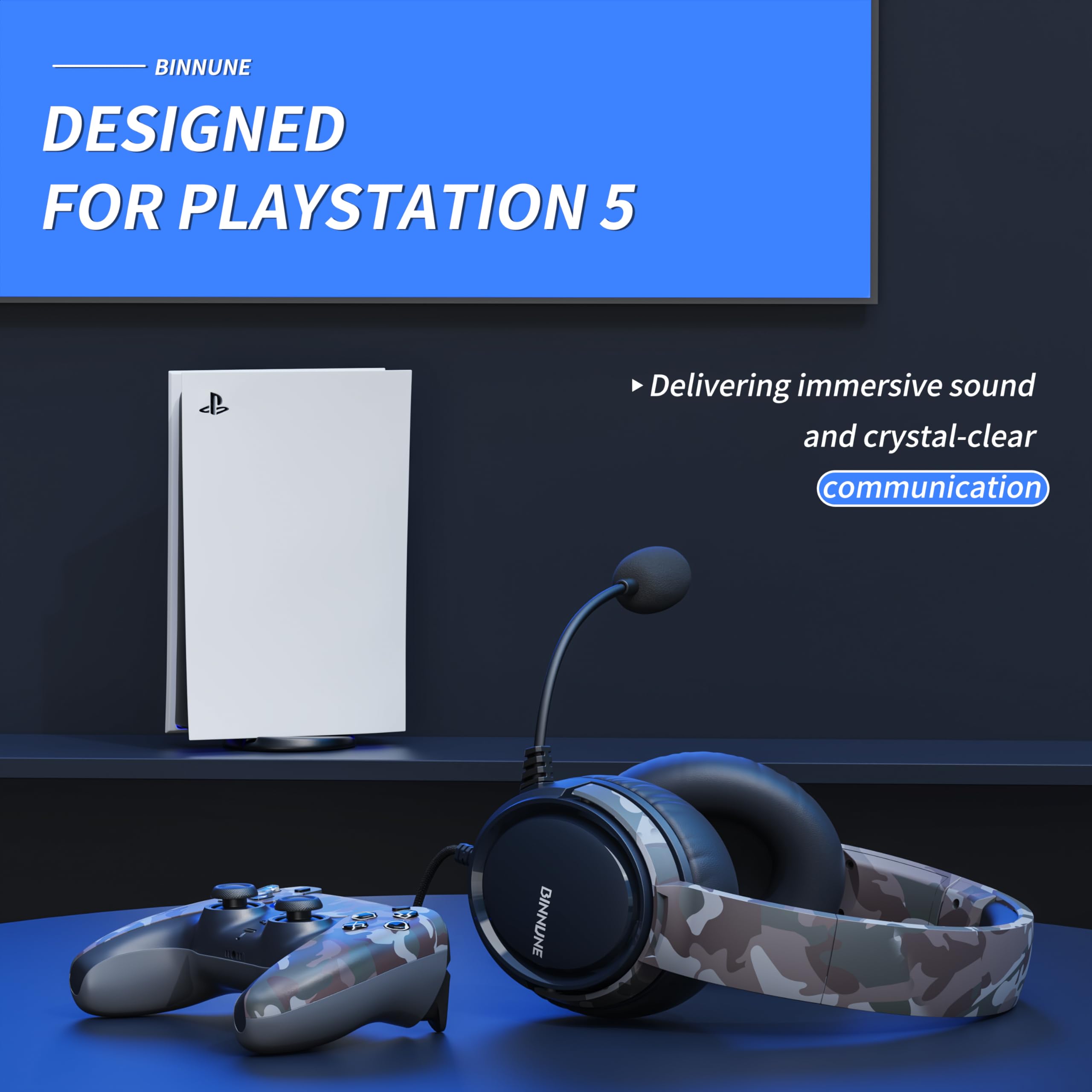 BINNUNE Wired Gaming Headset with Microphone - Compatible with PC, PS5, PS4, Xbox One & Nintendo Switch - Noise Cancelling Over-Ear Headphones for Professional Gaming & Online Chat (Camo Design) - Perfect for Esports, Streaming & Multiplayer Gaming Sessions