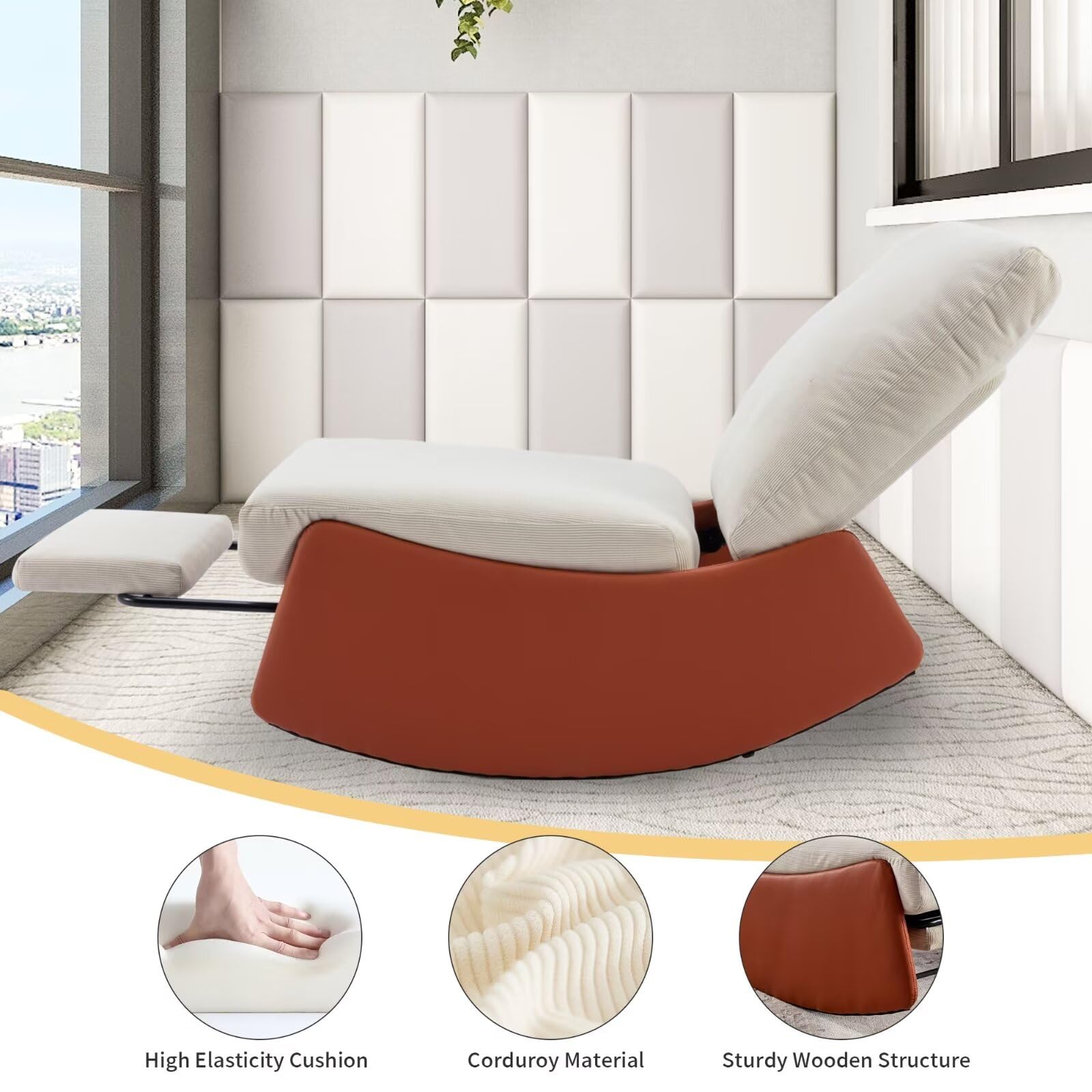 Comfortable Upholstered Glider Rocking Chair with High Backrest, Padded Seat & Footrest - Nursery, Reading & Accent Armchair for Living Room, Bedroom, Nursery & Studio (Orange & Beige) - Perfect for Nursing, Relaxing & Home Decor