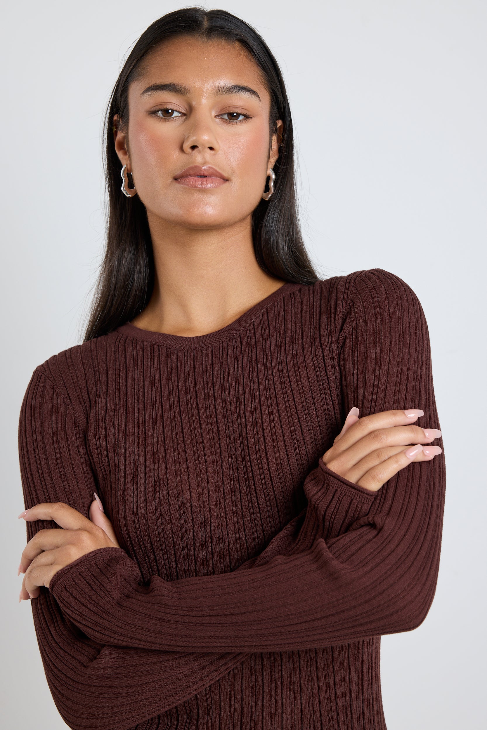 Fragment Chocolate Sheer Rib Long Sleeve Knit Top for Women - Elegant Casual Wear for Office, Date Night & Fall Layering