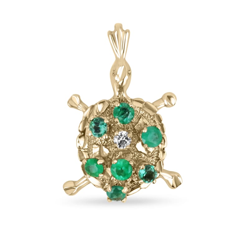 14K Gold Natural Green Emerald Round Cut Diamond Accent Sea Turtle Pendant Necklace - 0.64tcw, Perfect for Beach Vacations, Summer Outfits & Ocean-Themed Jewelry Gifts