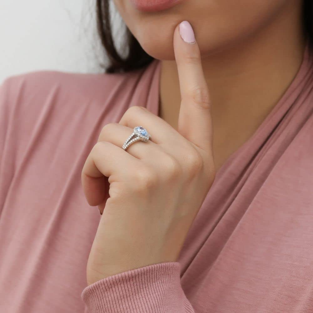 BERRICLE Sterling Silver Halo Wedding Engagement Ring Set - Blue Pear Cut Cubic Zirconia CZ Wishbone Split Shank Ring for Women, Rhodium Plated, Size 4-10 | Perfect for Proposals, Anniversaries & Bridal Jewelry Gifts