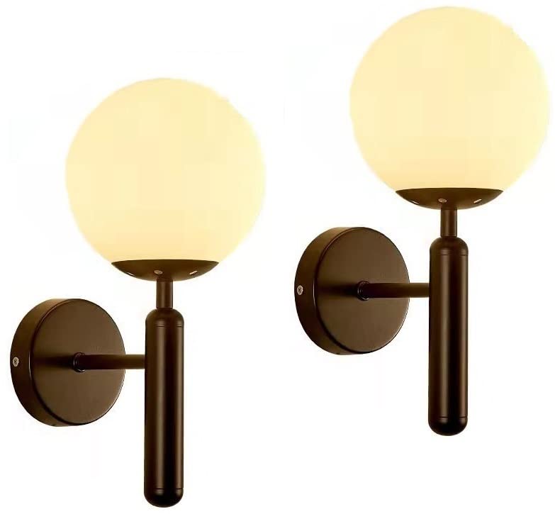 LSR Wall Sconce Light Set of 2 - LED Remote Control Battery Operated Indoor Wireless Metal Fixture - Modern Golden Globe Glass Lamp for Bedroom, Bathroom & Loft Decor - Black (Warm Light + White) - Perfect for Ambient Lighting in Bedside, Hallway & Entryway