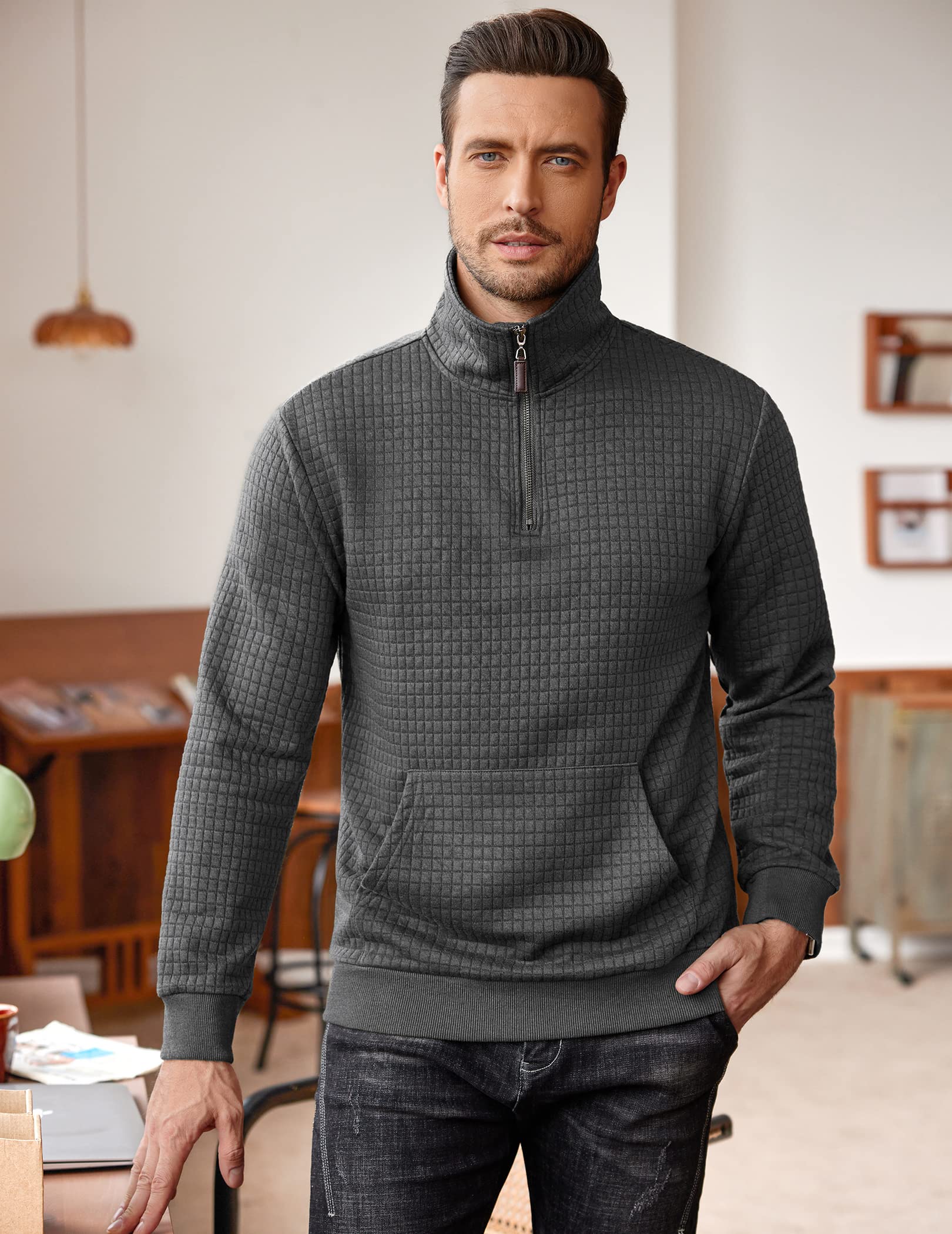 COOFANDY Men's Quarter Zip Sweatshirt - Long Sleeve Waffle Knit Pullover Hoodie with Pocket | Casual Fall Winter Layering for Outdoor Activities & Lounge Wear