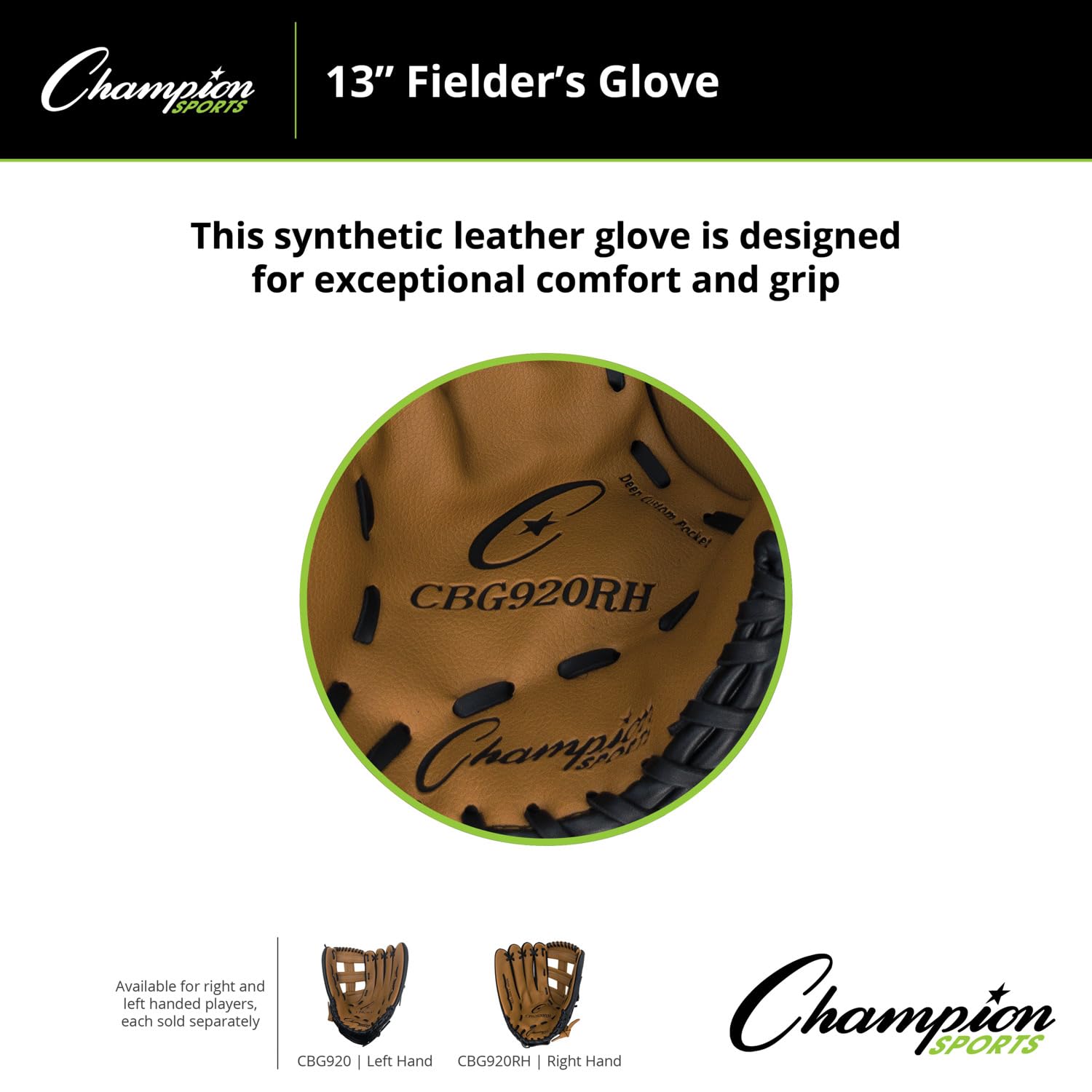 Champion Sports Glove - Premium Synthetic Leather Front & Back for Baseball, Softball & Training - Durable & Comfortable for Athletes & Outdoor Sports