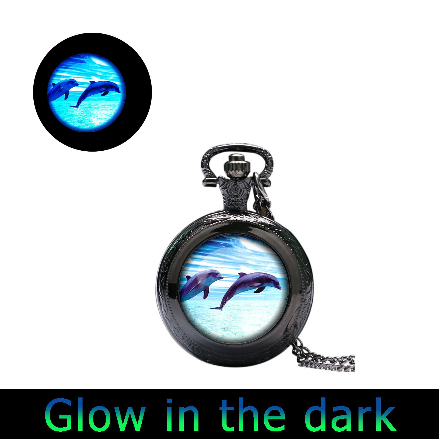 Glow in the Dark Dolphin Watch Necklace - Luminous Dolphin Pendant Watch - Glowing Jewelry for Nighttime Swimming, Beach Parties & Outdoor Adventures