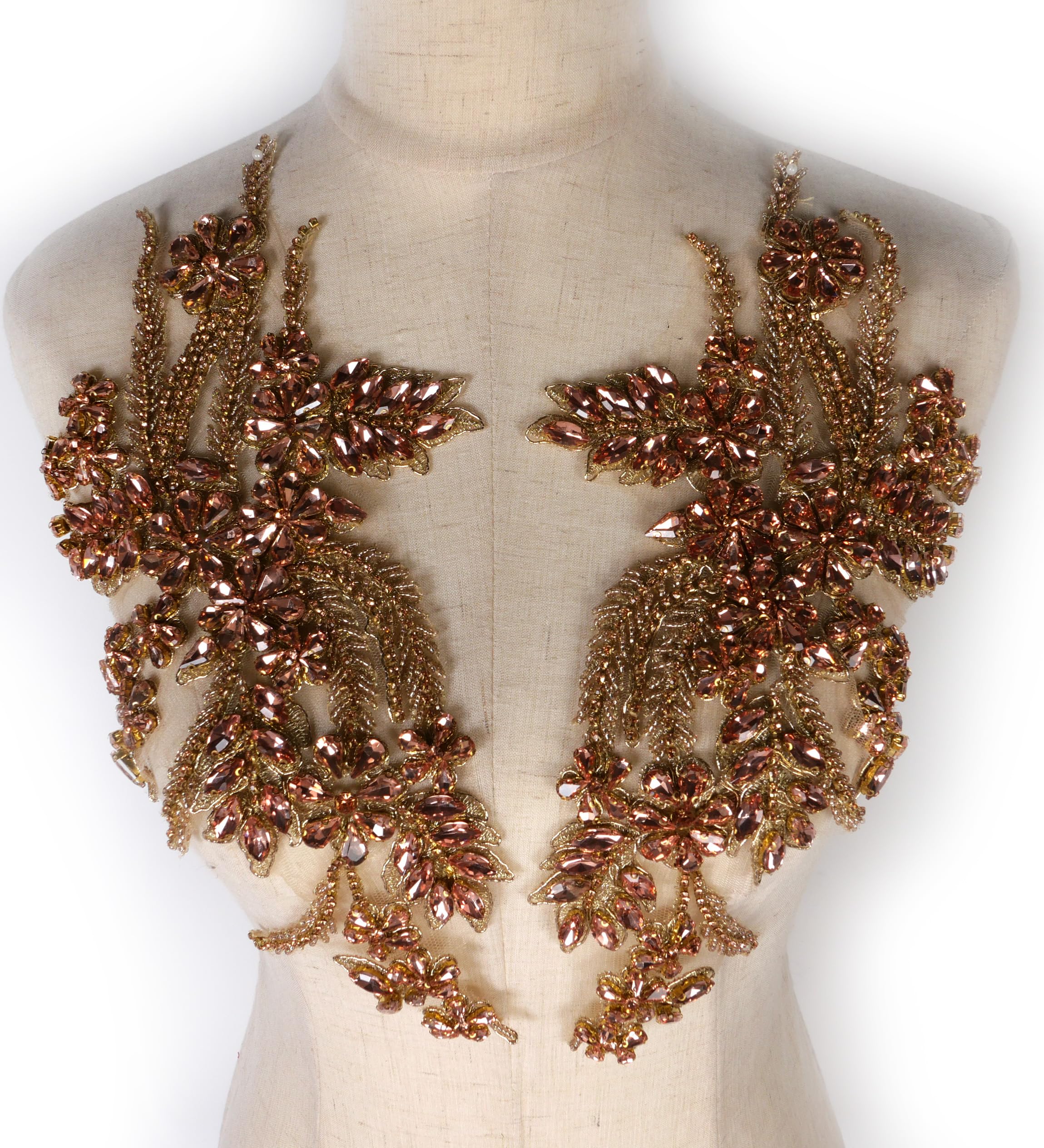 Handmade Beaded Rhinestone DIY Clothing Appliques Patches - Rose Gold/Pink/Silver/Red/Black Flower Embellishments for Wedding Dresses, Evening Gowns & DIY Fashion Projects (Champagne Rose Gold)