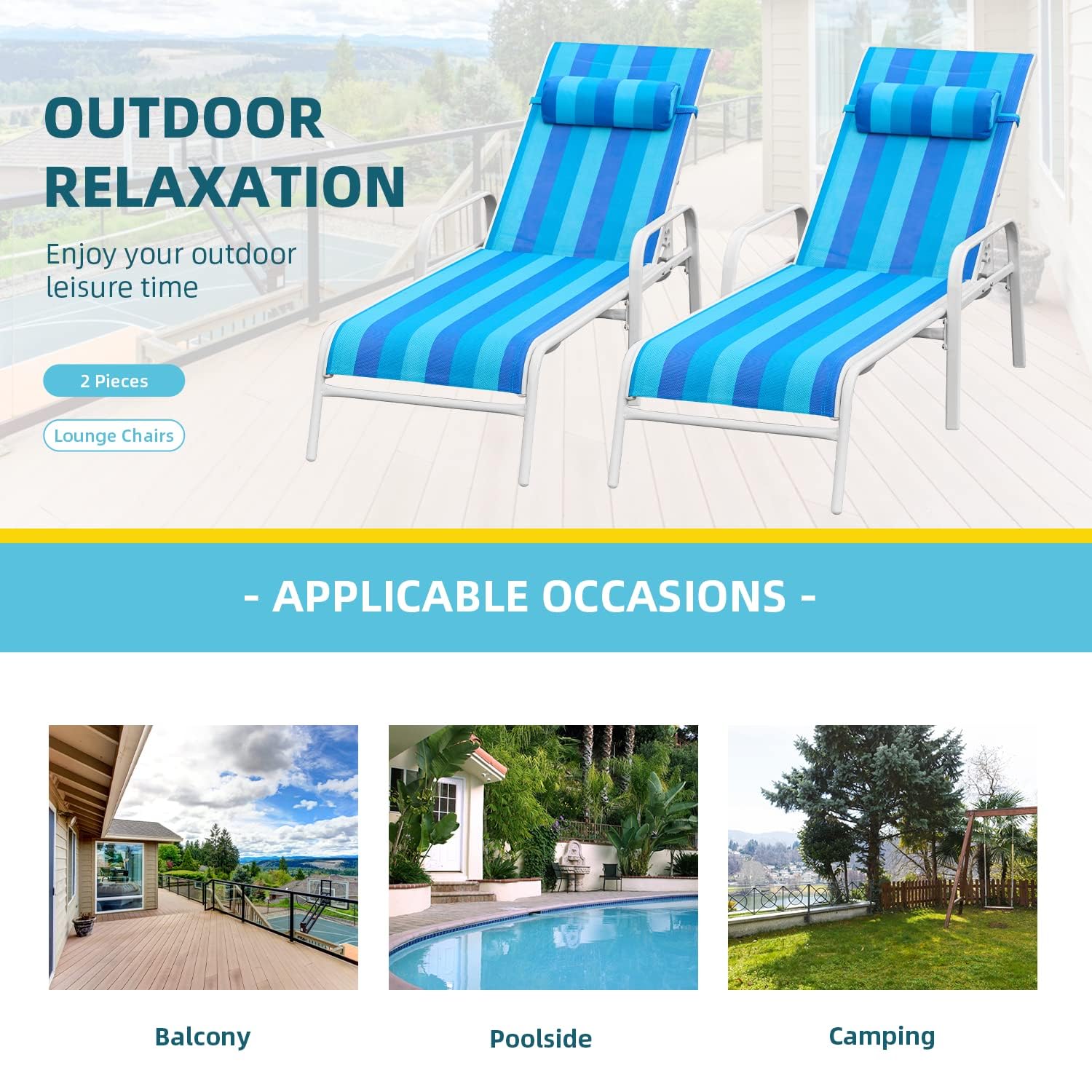 **EROMMY 2-Piece Patio Chaise Lounge Set - Outdoor Reclining Chairs with Adjustable Backrest, Waterproof & UV-Resistant Fabric (Blue) - Perfect for Poolside, Garden, or Backyard Relaxation**