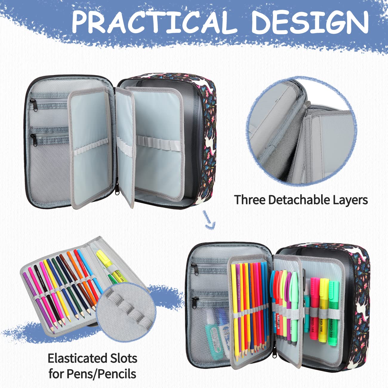 VASCHY Large Pencil Case with Detachable Pockets - for Art Supplies & School Stationery Organization - Black Unicorn Design