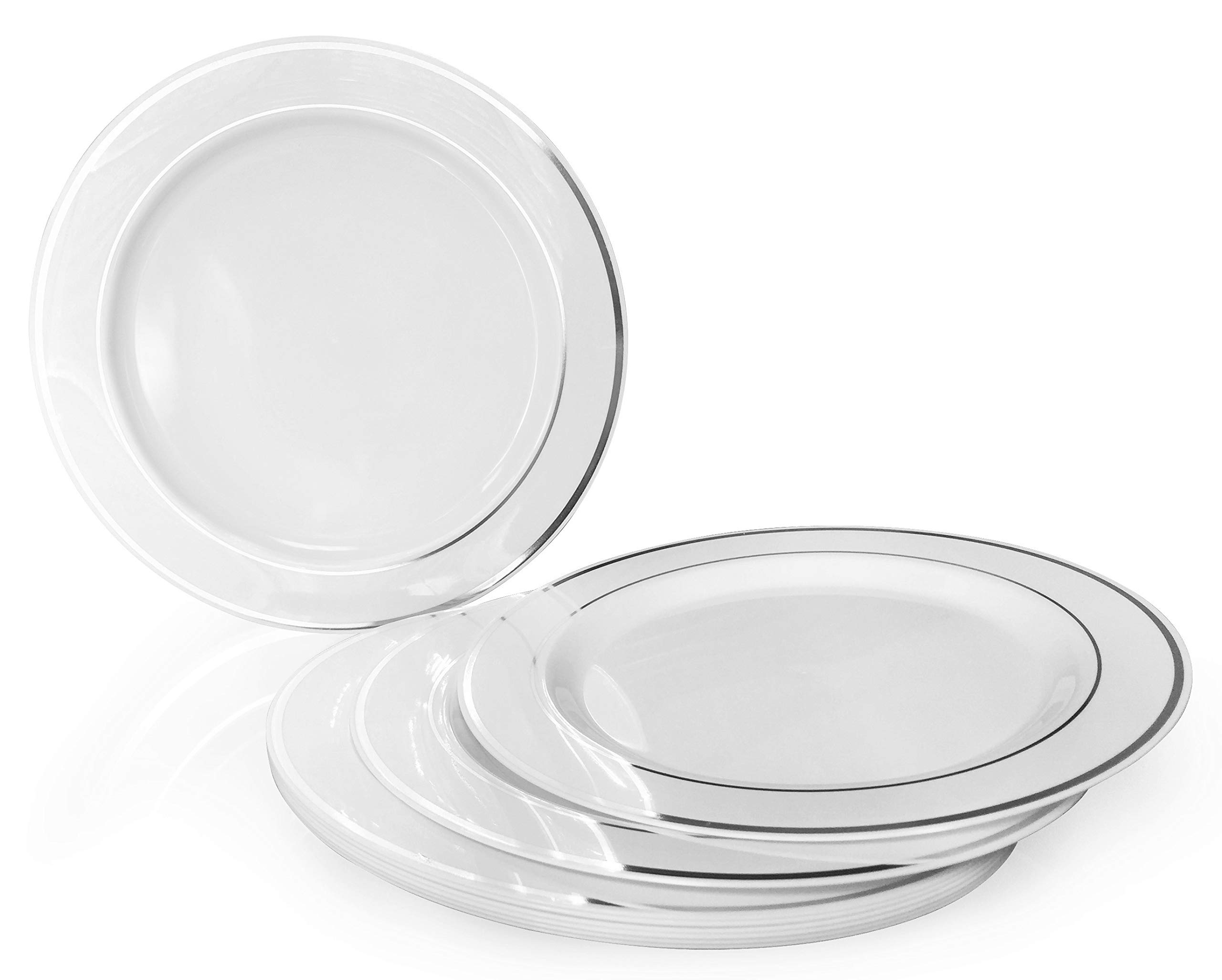 840-Piece Heavyweight Disposable Wedding Party Plate Set - 120 x 10.5'' Dinner Plates + 120 x 6.25'' Dessert Plates + Silverware + Cups + Napkins (White & Silver Rim) - Elegant Disposable Tableware for Weddings, Bridal Showers, Banquets & Special Events