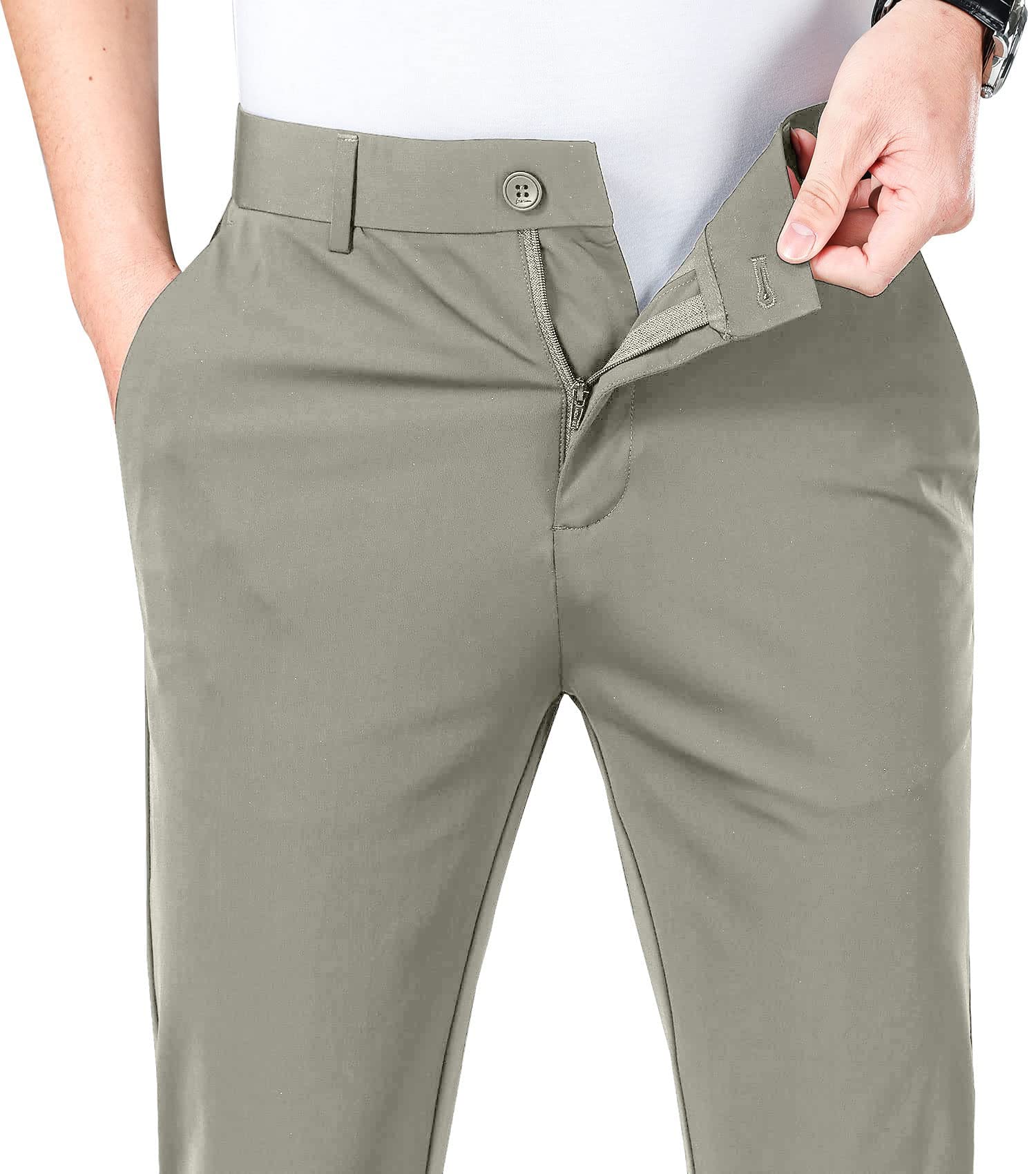 LUSHENUNI Men's Slim Fit Golf Pants - High Stretch Ice Silk Dress Pants with Expandable Waist for Comfort & Performance | Perfect for Golf, Business Casual & Outdoor Activities