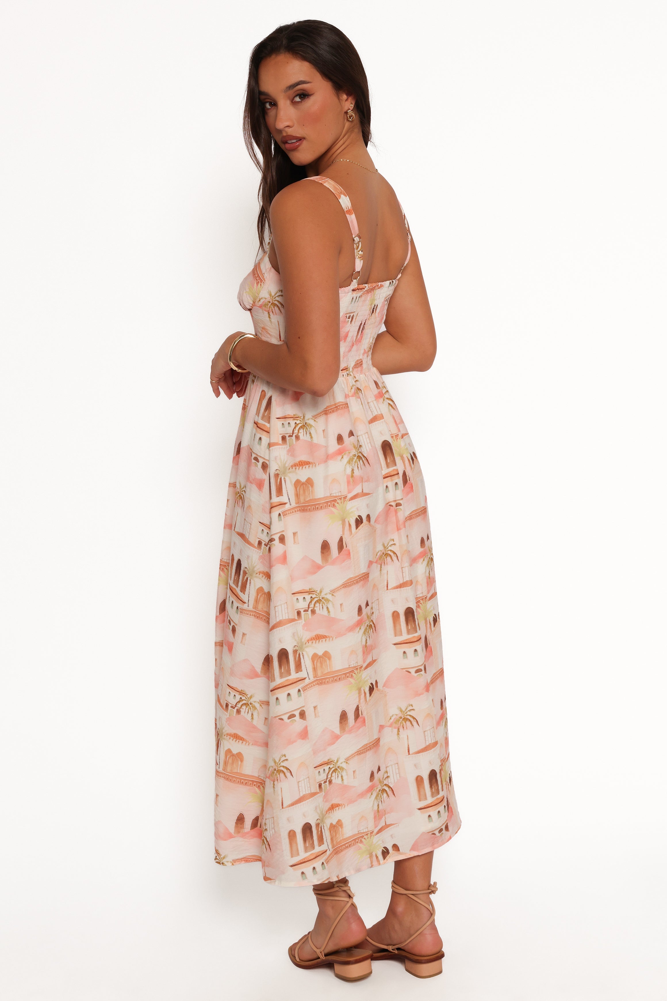 Laurette Midi Dress - Flowy Tan Floral Print Summer Dress for Women | Perfect for Beach Vacations, Date Nights & Outdoor Weddings