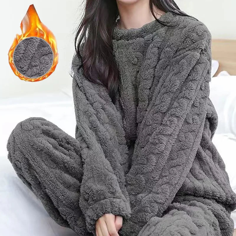 Women's 2-Piece Fleece Pajama Set - Soft Velvet Ribbed Pullover & Pants for Fall/Winter | Cozy Casual Loungewear for Home, Sleep & Relaxation