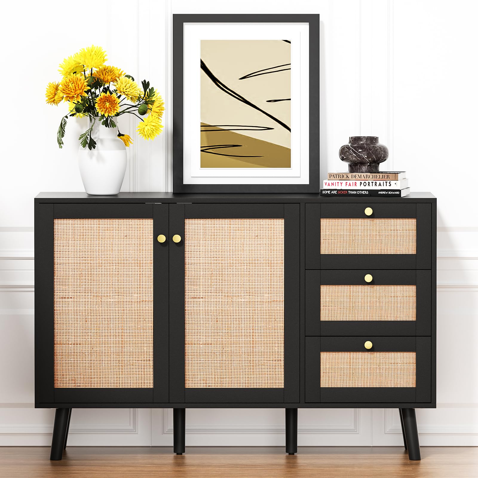 Anmytek Black Rattan Sideboard Buffet Cabinet - 2 Doors & 3 Drawers Storage Credenza for Dining Room, Hallway, Kitchen | Perfect for Home Organization & Entertaining Guests
