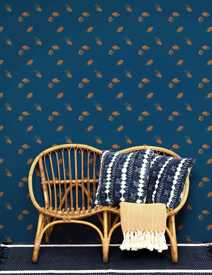 Nathan Turner Indigo 'Goldfish' Wallpaper - Premium Peel & Stick Wallpaper for Home Decor, Living Room, Bedroom, Nursery | Easy to Install & Removable