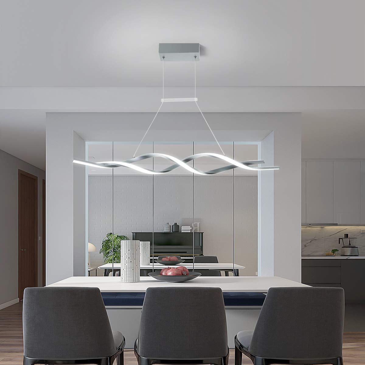 Jaycomey Modern LED Pendant Light Fixture - Dimmable Wave Shape Chandelier with Remote Control, 3000K-6000K Color Temperature, 28W Acrylic & Aluminum Hanging Light for Dining Room, Kitchen Island, Restaurant, Bar, Living Room - Gray