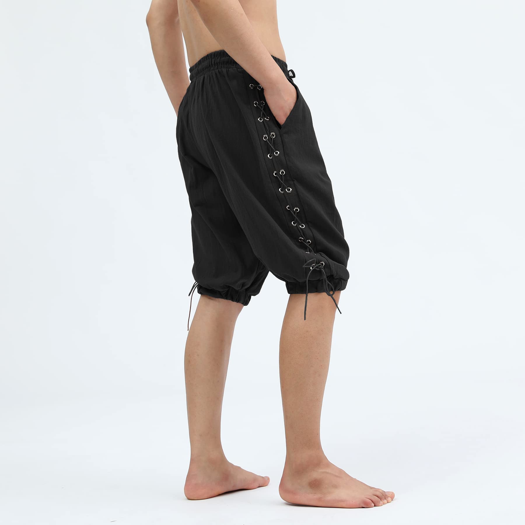Men's Pirate Shorts - Medieval Viking Navigator Renaissance Banded Pants - Gothic Linen Costume Shorts for Cosplay, LARP, Halloween & Historical Reenactment
