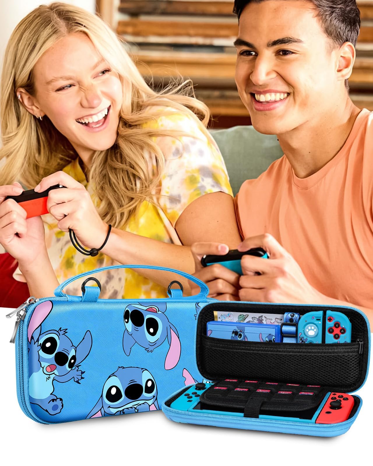 Nintendo Switch 9-in-1 Accessories Kit with Travel Case, Protective Cover, Game Holder, Strap, Stickers & Joycon Shells - Perfect for Kids & Travel | Cute Stit Design for Boys & Girls