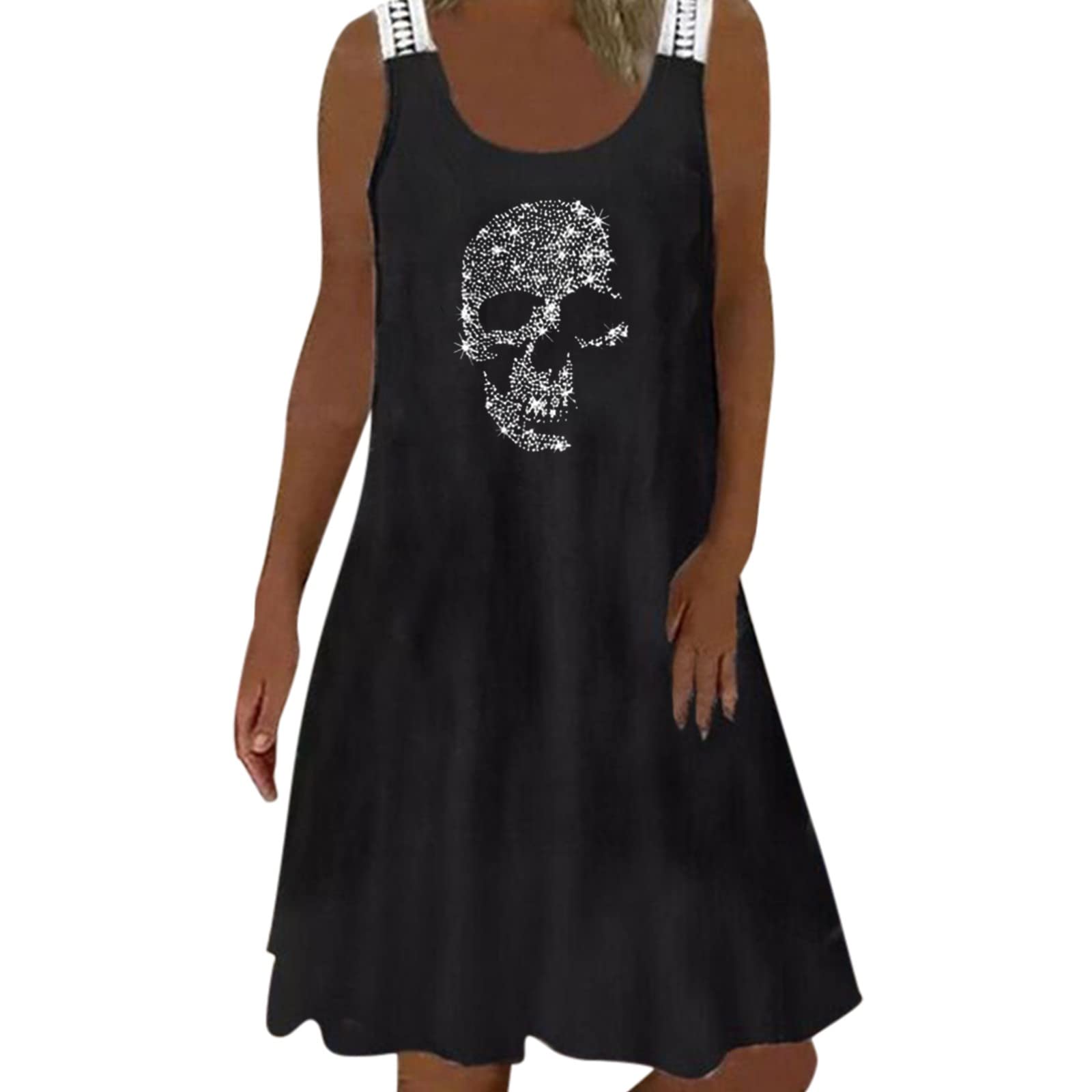 MINIY 2022 Women's Casual O-Neck Butterfly & Skeleton Print Diamond Vest Dress with Lace Trim - Summer Sun Dress for Beach, Party & Vacation Wear