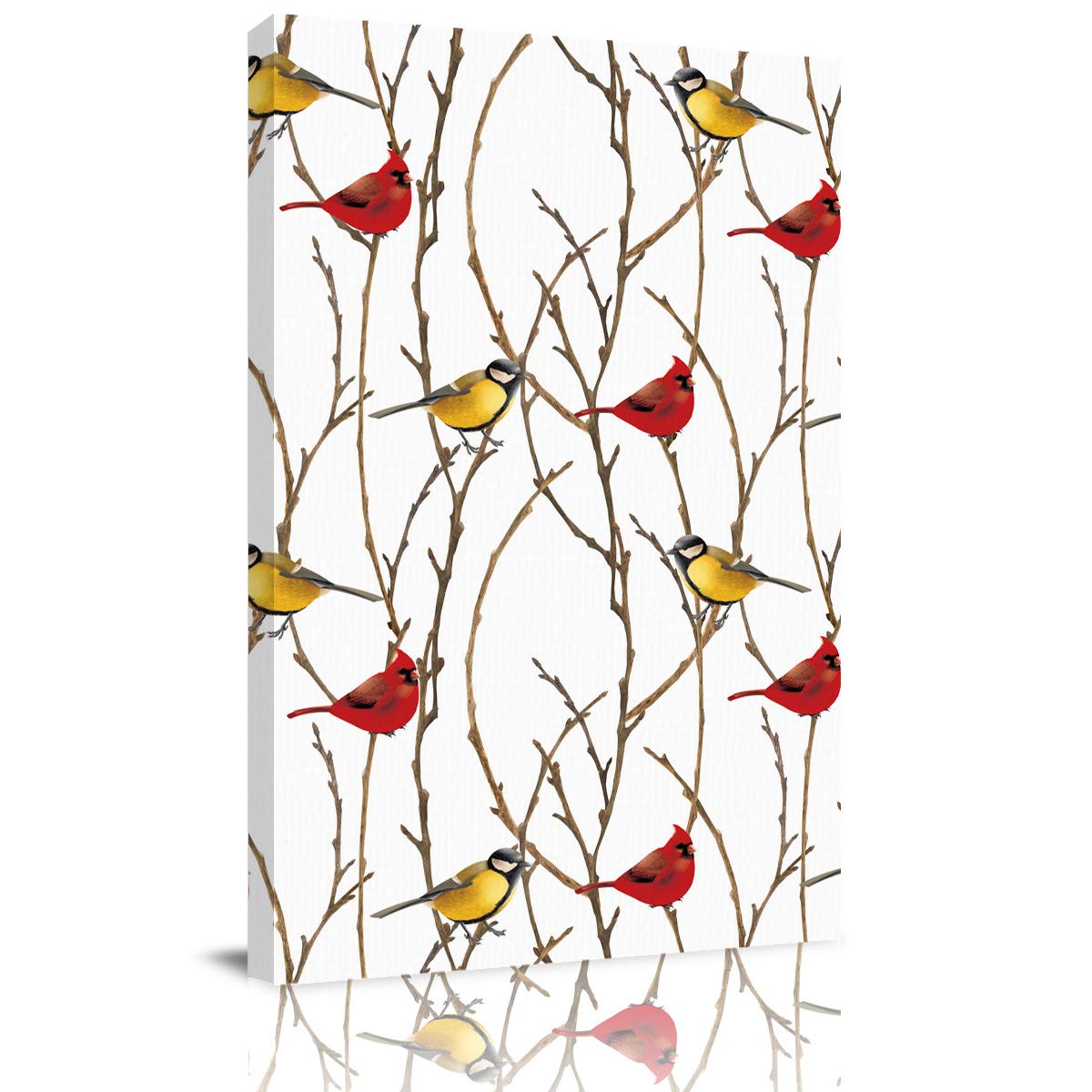 Christmas Canvas Wall Art - Framed Abstract Painting Print with Branch Tree, Yellow Bird & Red Cardinal - Ready to Hang Home Decor for Bedroom, Bathroom, Kitchen - Perfect Holiday Gift (20