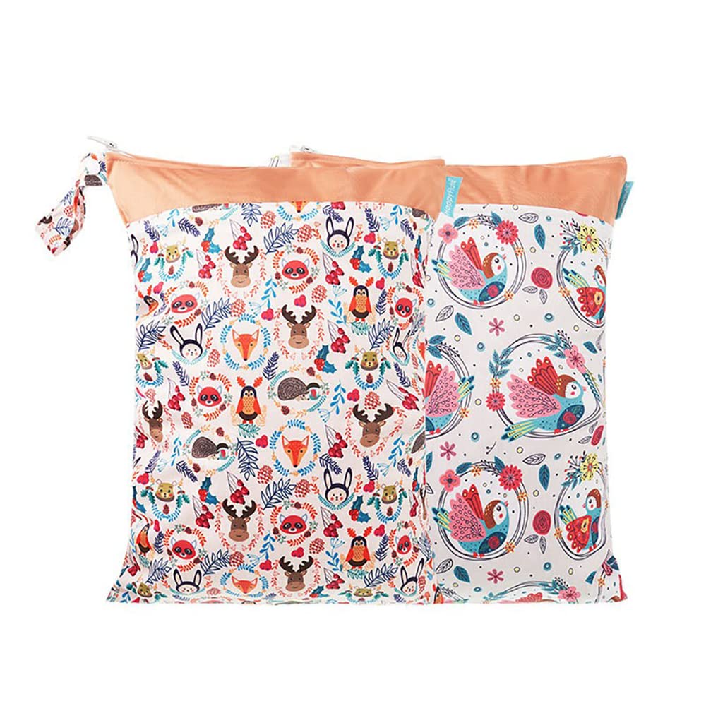 2 Pack Reusable Wet Dry Bags for Baby Cloth Diapers - Waterproof Washable Storage Organizer with 2 Zippered Pockets (11.8