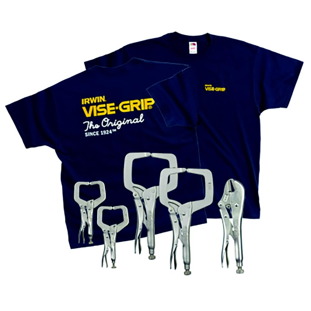 Irwin Vise-Grip 74 5-Piece Locking Pliers Set with T-Shirt - Durable Clamps for DIY, Automotive, and Woodworking Projects