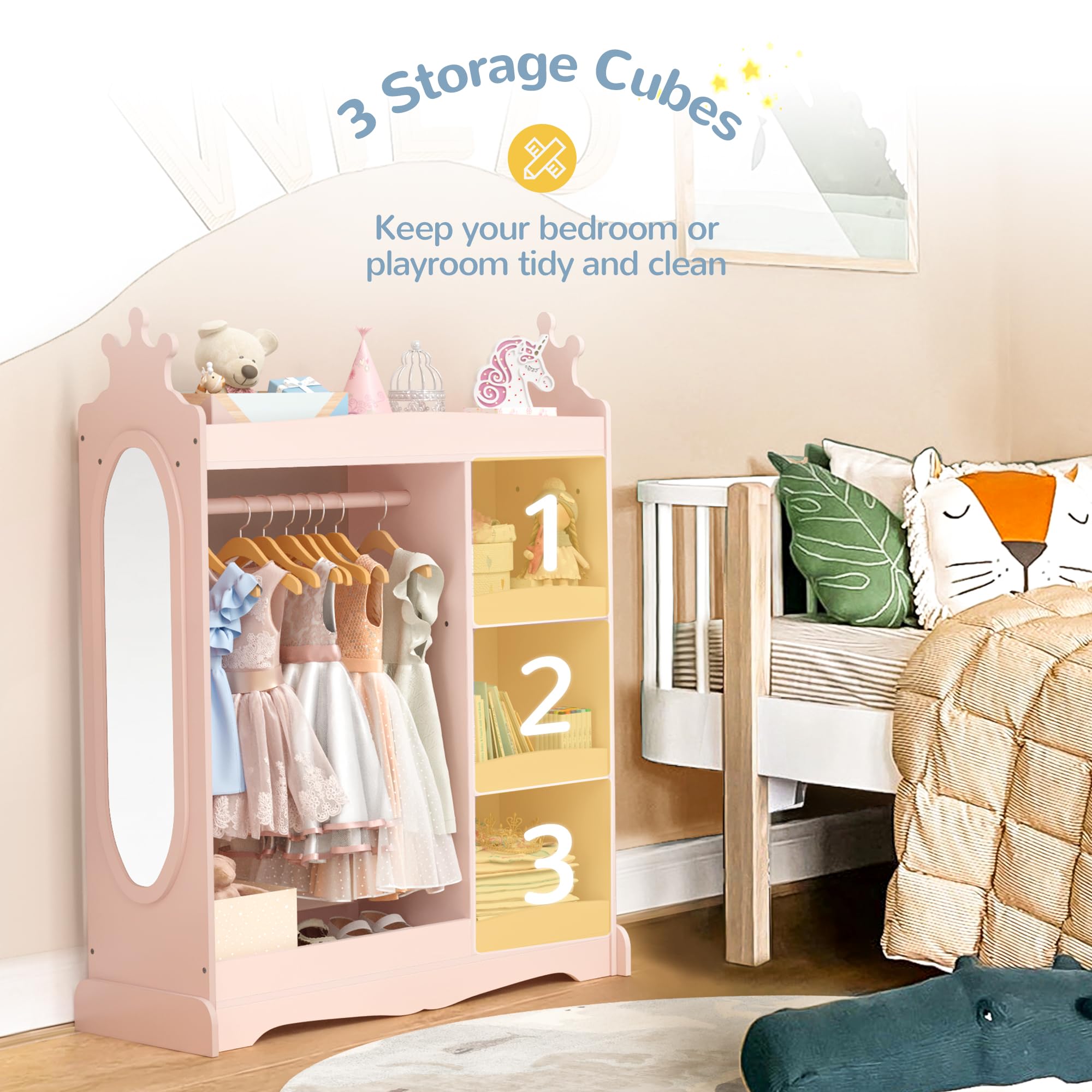 Pink Kids Wardrobe with Mirror & 3 Hooks - Girls Boys Closet Organizer, Costume Storage Armoire for Bedroom - Perfect for Toy Storage, Dress-Up Play & Bedroom Organization