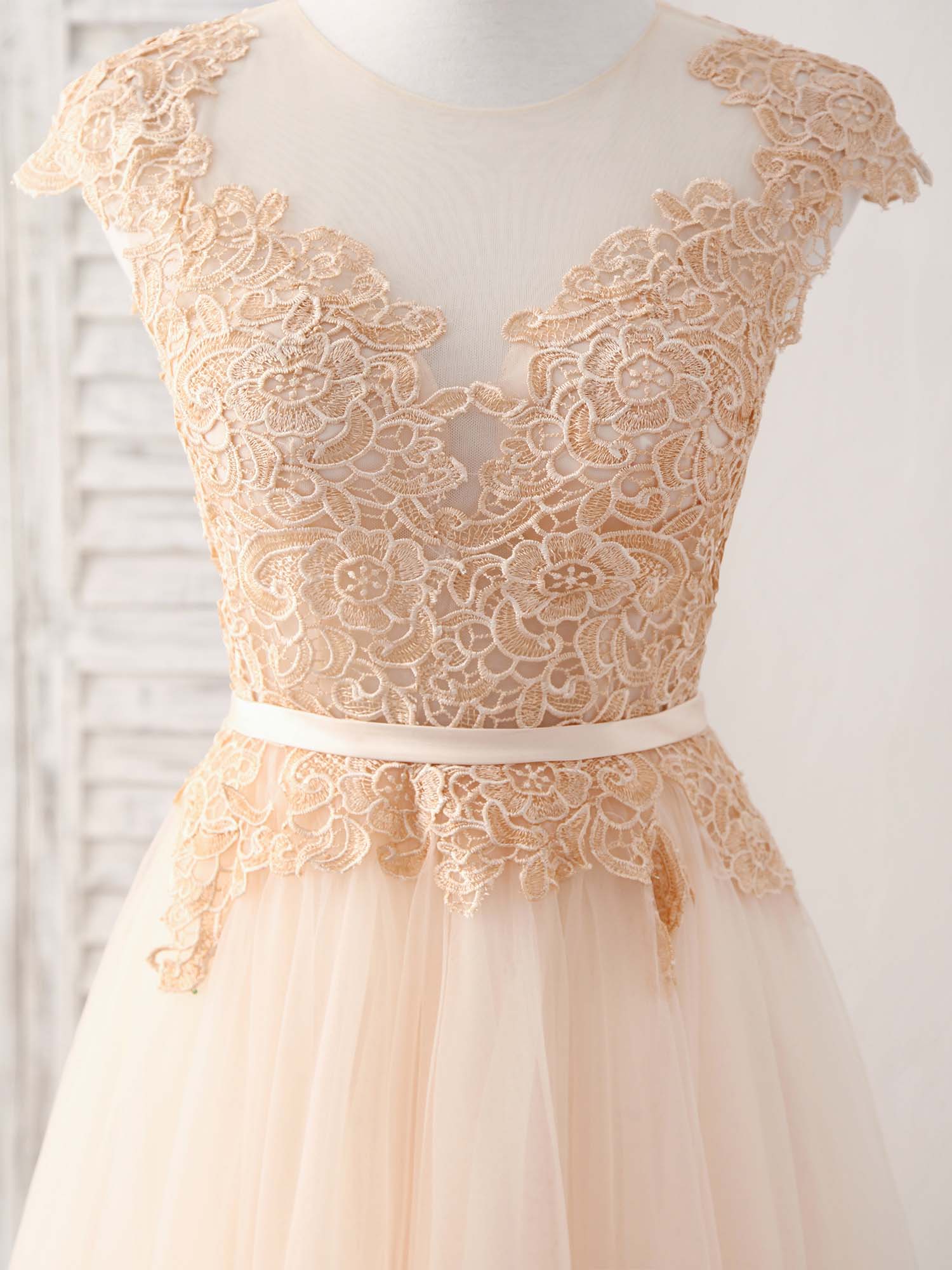 Elegant Champagne Round Neck Tulle Lace Applique Long Prom Dress for Homecoming, Wedding & Formal Events