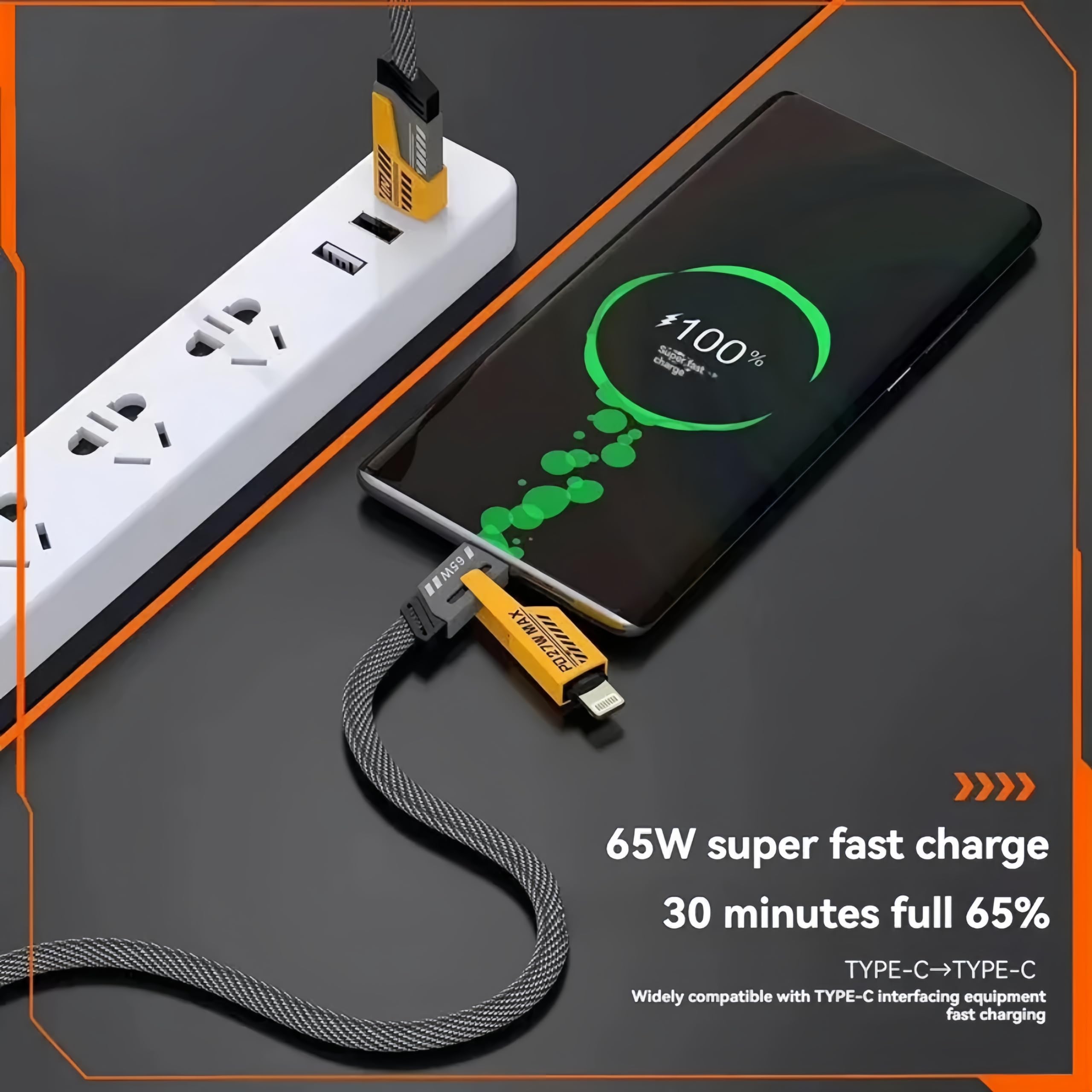 TECHFUN 4-in-1 Multi Charging Cable 120CM [65W] Fast Charger for iPhone 16/15/14/13/12/11 Pro Max, AirPods, iWatch, iPad, MacBook, Samsung S24/S23/S22 & Google Pixel - Perfect for Travel, Office & Home Charging