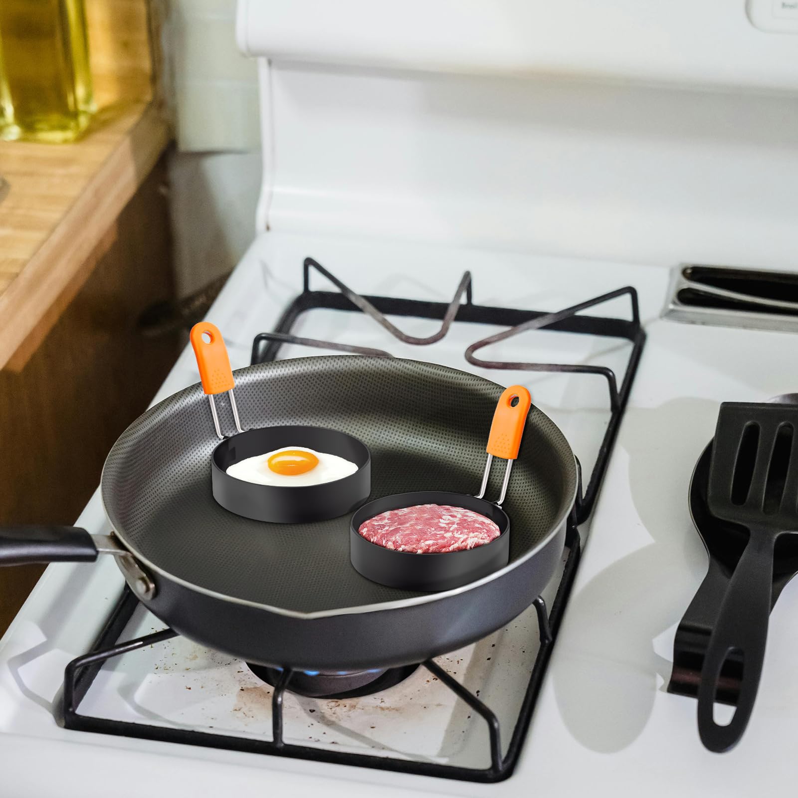 Stainless Steel Egg Rings with Silicone Handle - Nonstick Round Pancake & Omelet Cooking Molds (2Pcs, 3.5 Inch) - Perfect for Breakfast, Brunch, and Camping Cooking