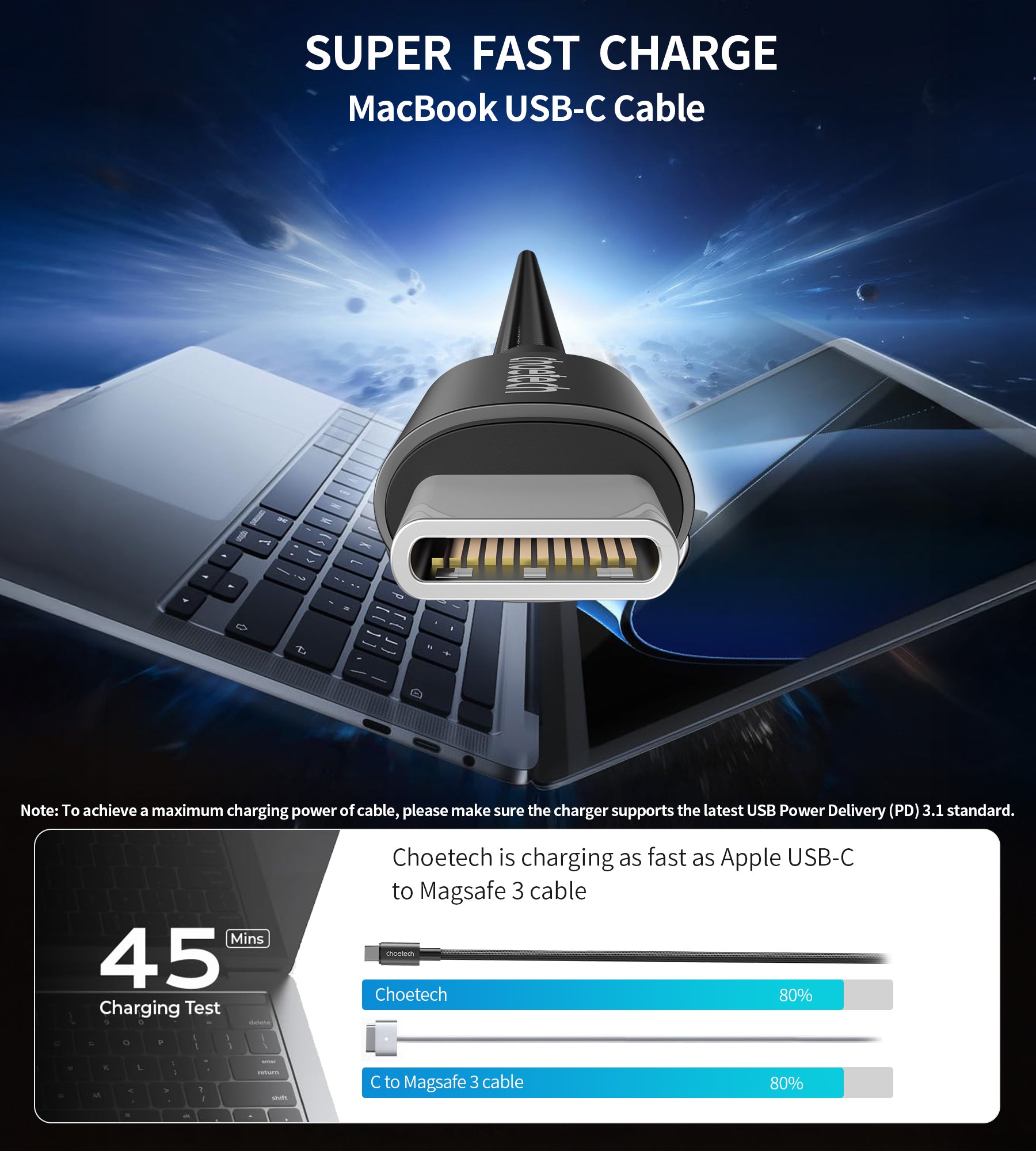 Choetech XCC 1061 240W USB C Fast Charging Cable with Digital Display - Magnetic Power Delivery for MacBook Pro/Air, Gaming Laptops - Perfect for Home, Office & Travel Charging