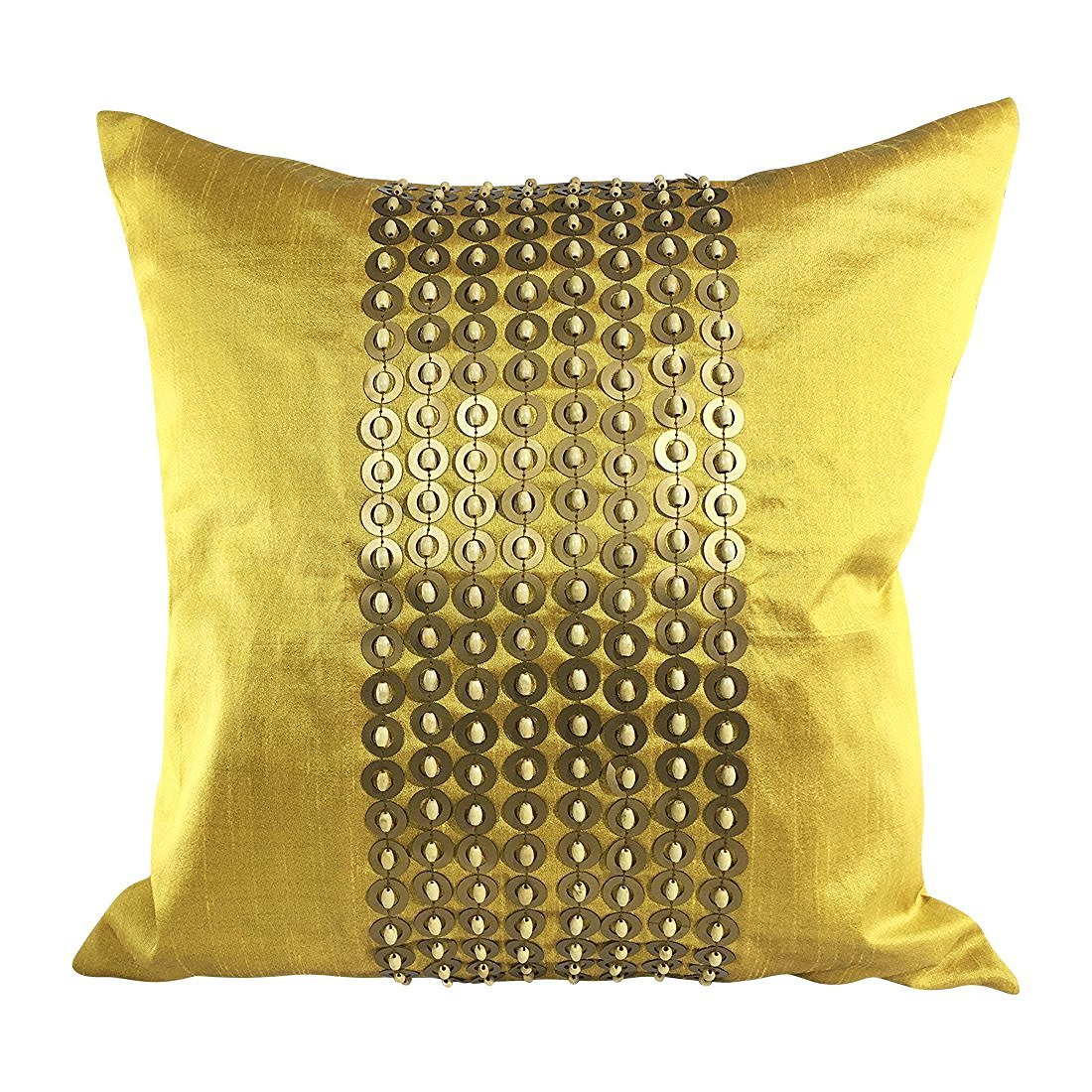 Mustard Yellow Gold Pillow Cover with Sequins & Beads - 22x22