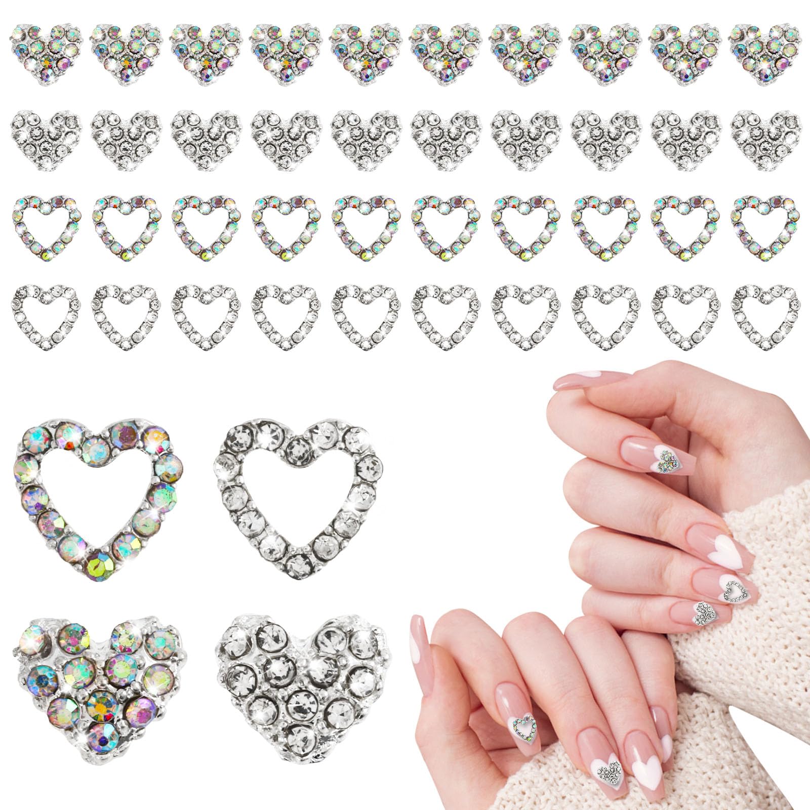 40Pcs 3D Heart Nail Charms - Diamond Alloy Rhinestones for Nail Art | Valentine's Day Wedding Nail Decor | Perfect for DIY Nail Designs, Bridal Manicures & Party Nail Art Accessories