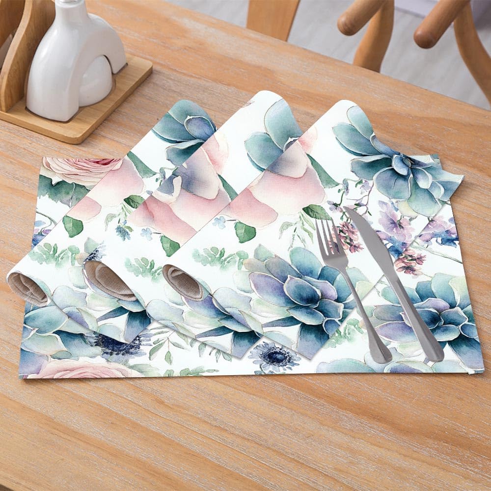 Blue Flower Placemats Set of 4 - 18x12 Inch Washable Table Mats for Kitchen Dining, Decor, Parties & Everyday Use