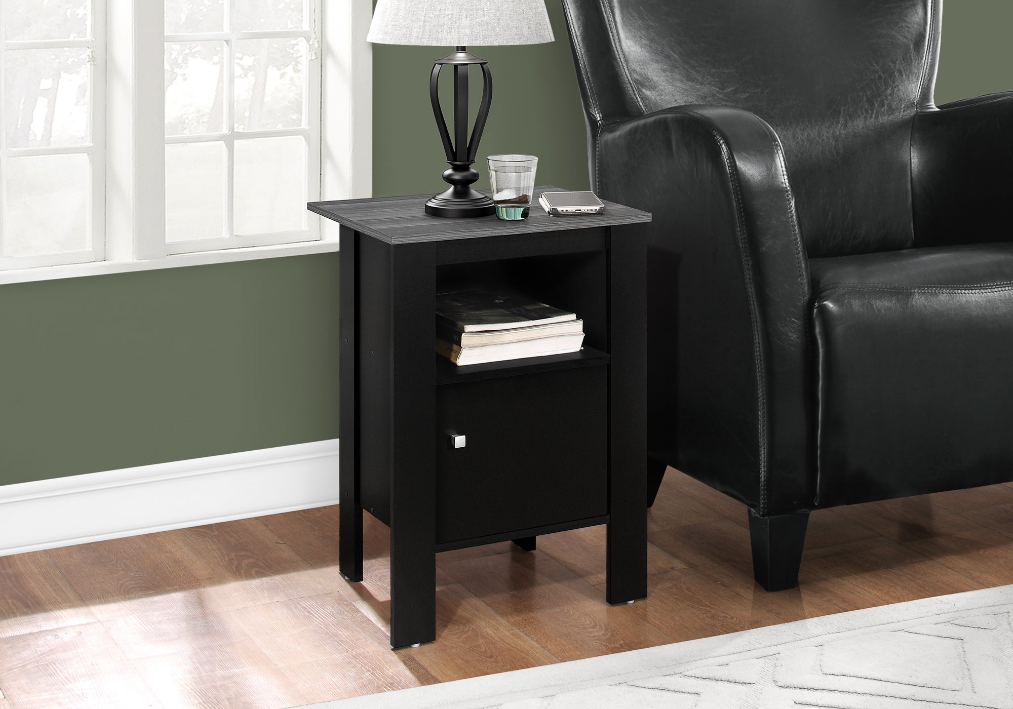 Modern Accent Table with Storage - Black & Grey Nightstand for Bedroom, Living Room, or Office | Stylish End Table with Drawer & Shelf for Home Decor