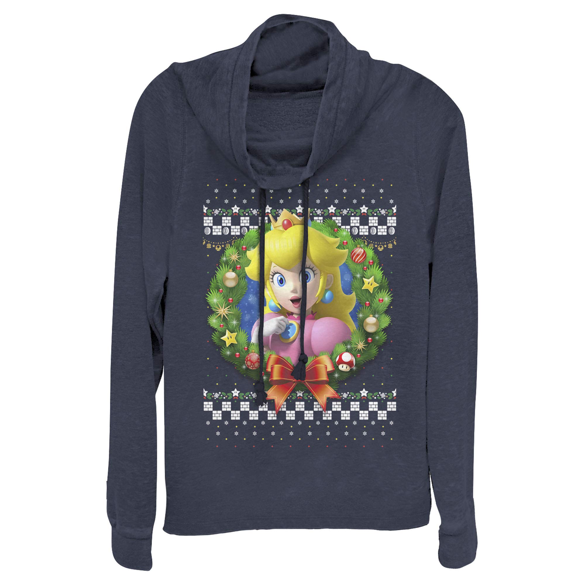 Nintendo Christmas Peach Wreath Cowl Neck Sweatshirt for Women - Cozy Holiday Gaming Sweater for Christmas Parties & Winter Cosplay