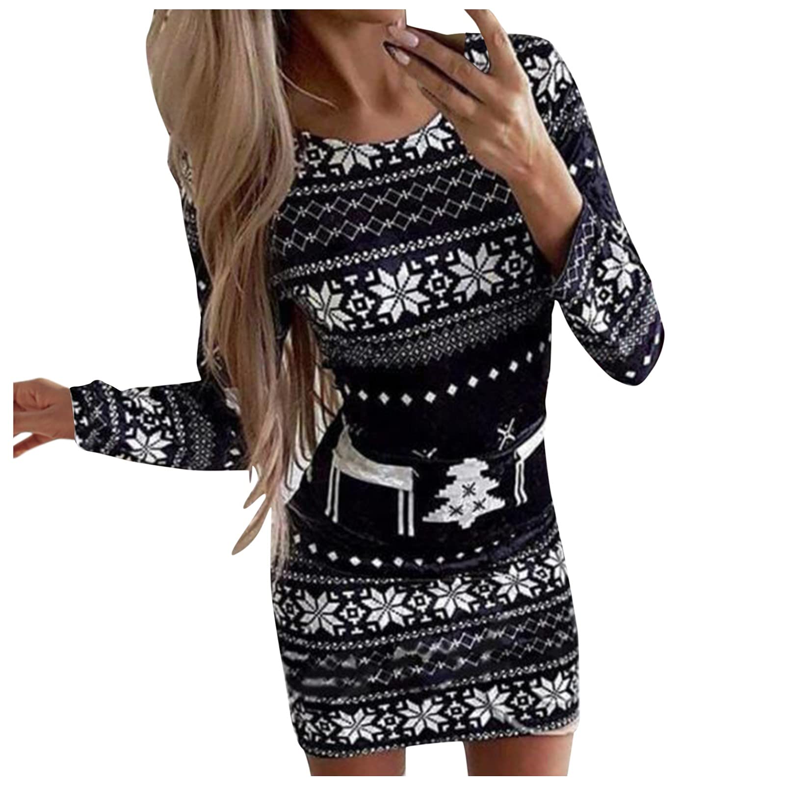 Women's Club Dresses - Christmas Printed Round Neck Long Sleeve Bodycon Dress Above Knee Length | Perfect for Holiday Parties, Night Out & Festive Occasions