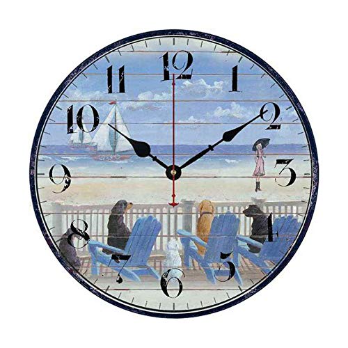 Nautical Beach Themed Wooden Dog Wall Clock - 10 Inch Rustic Home Decor for Living Room, Bedroom, Dining Room, Office & Classroom | Perfect for Coastal, Farmhouse & Pet Lover Interior Design