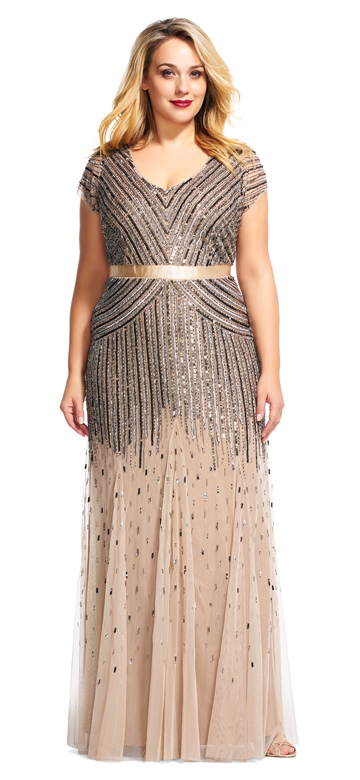 Adrianna Papell Women's Plus Size Beaded Evening Gown with Cap Sleeves & V-Neck - Elegant Floor Length Formal Dress for Weddings, Galas & Special Occasions