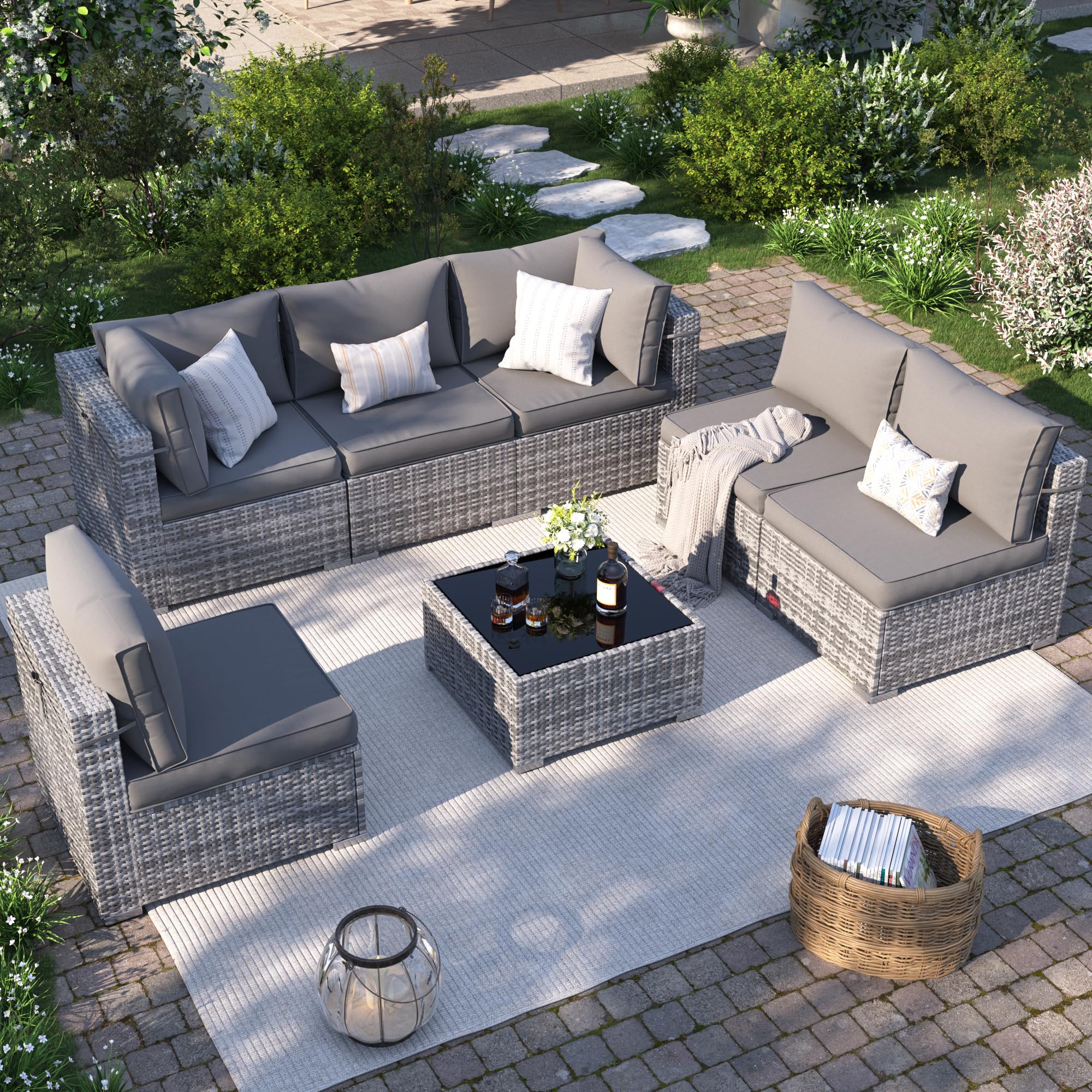 7-Piece Outdoor Patio Furniture Set with Waterproof Cover - All-Weather Wicker Sectional Sofa Conversation Set for Backyard, Garden or Poolside (Grey with Grey Cushions) - Perfect for Outdoor Entertaining, Relaxing and Family Gatherings